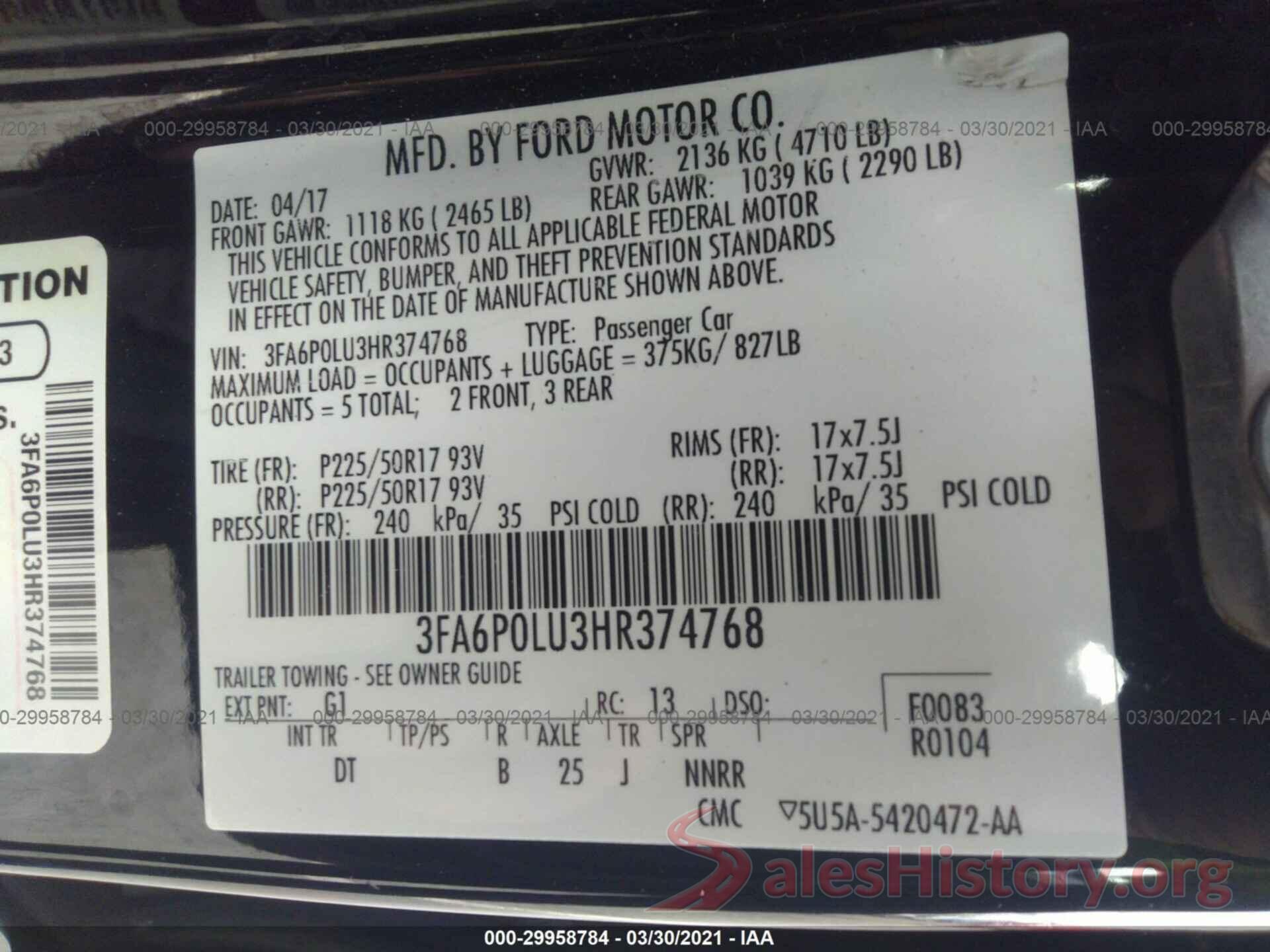 3FA6P0LU3HR374768 2017 FORD FUSION