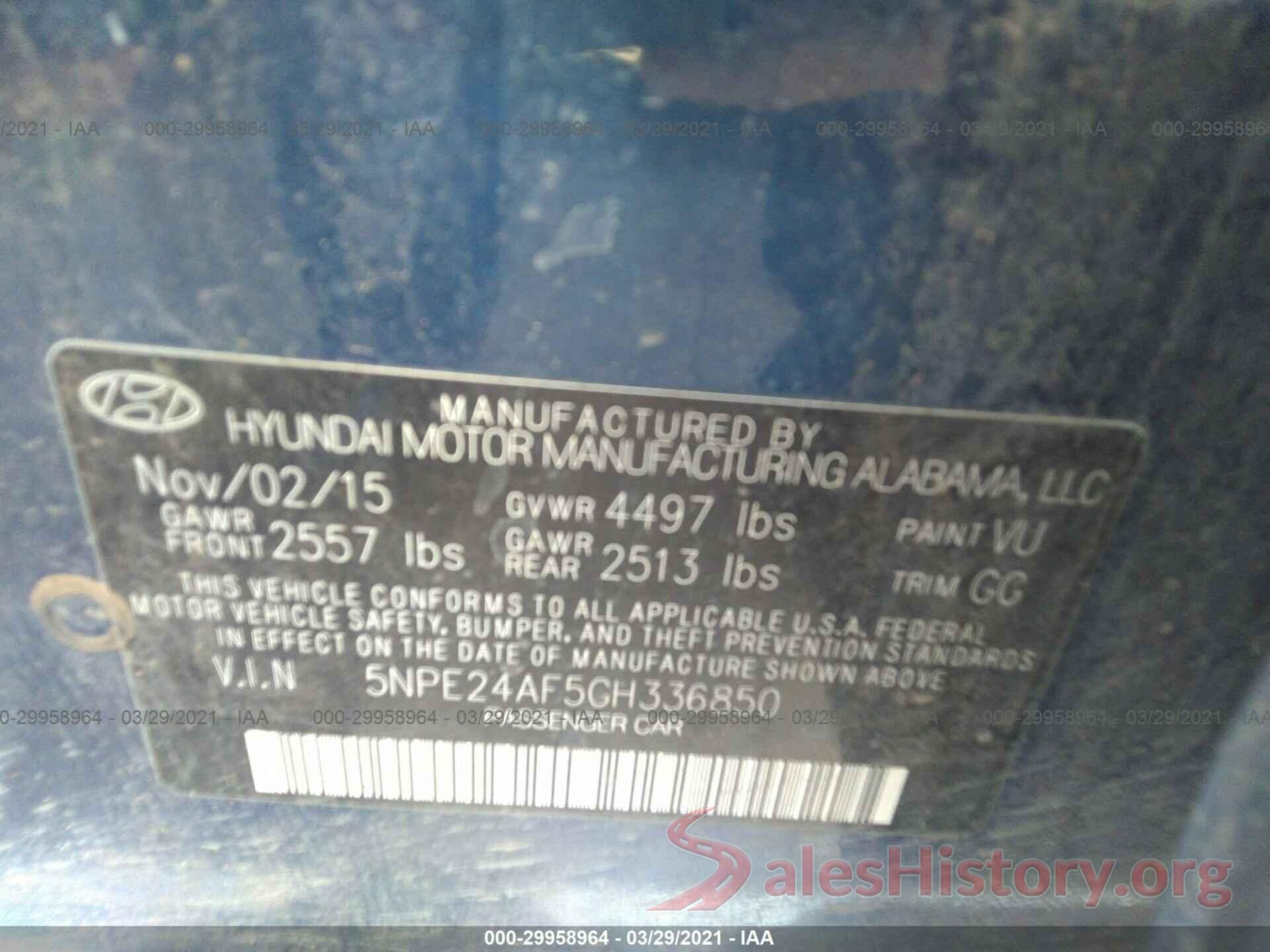 5NPE24AF5GH336850 2016 HYUNDAI SONATA