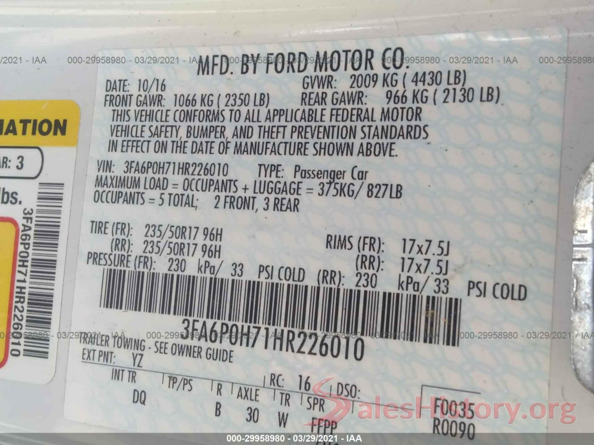 3FA6P0H71HR226010 2017 FORD FUSION