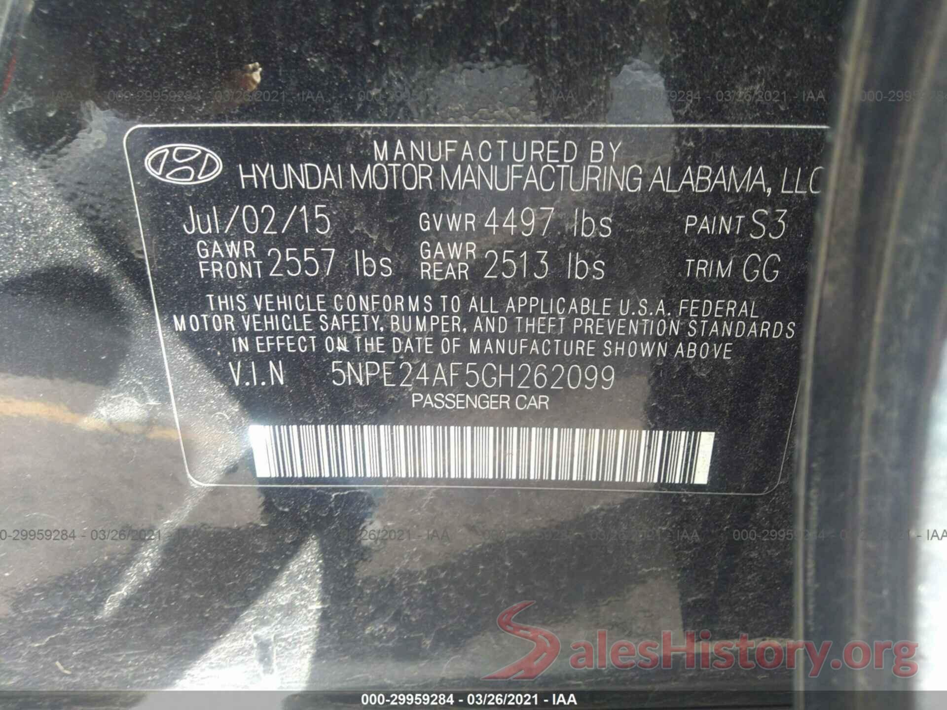 5NPE24AF5GH262099 2016 HYUNDAI SONATA