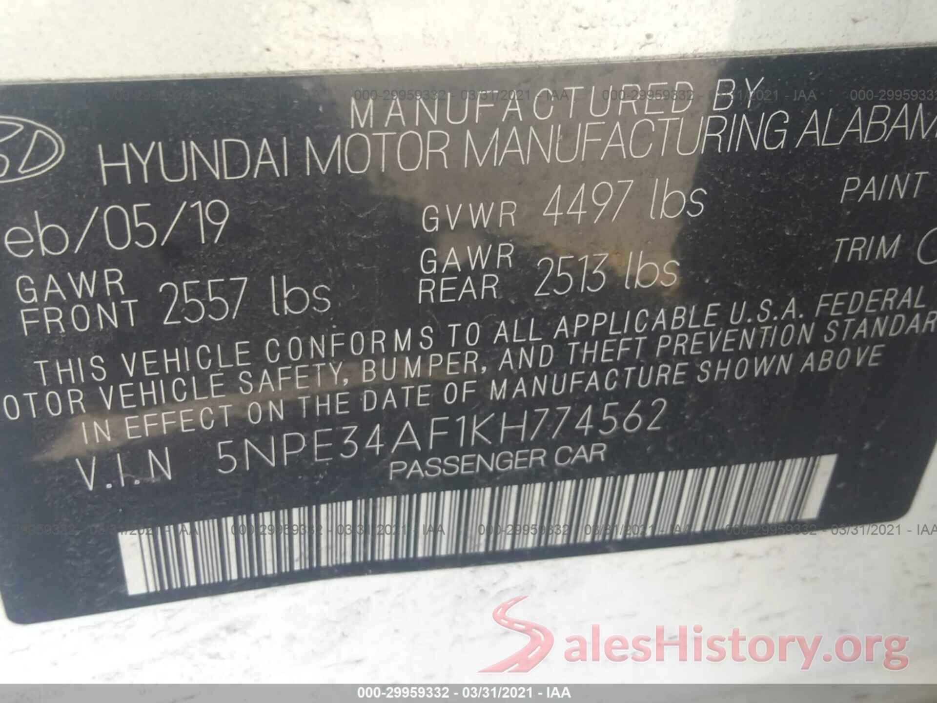 5NPE34AF1KH774562 2019 HYUNDAI SONATA