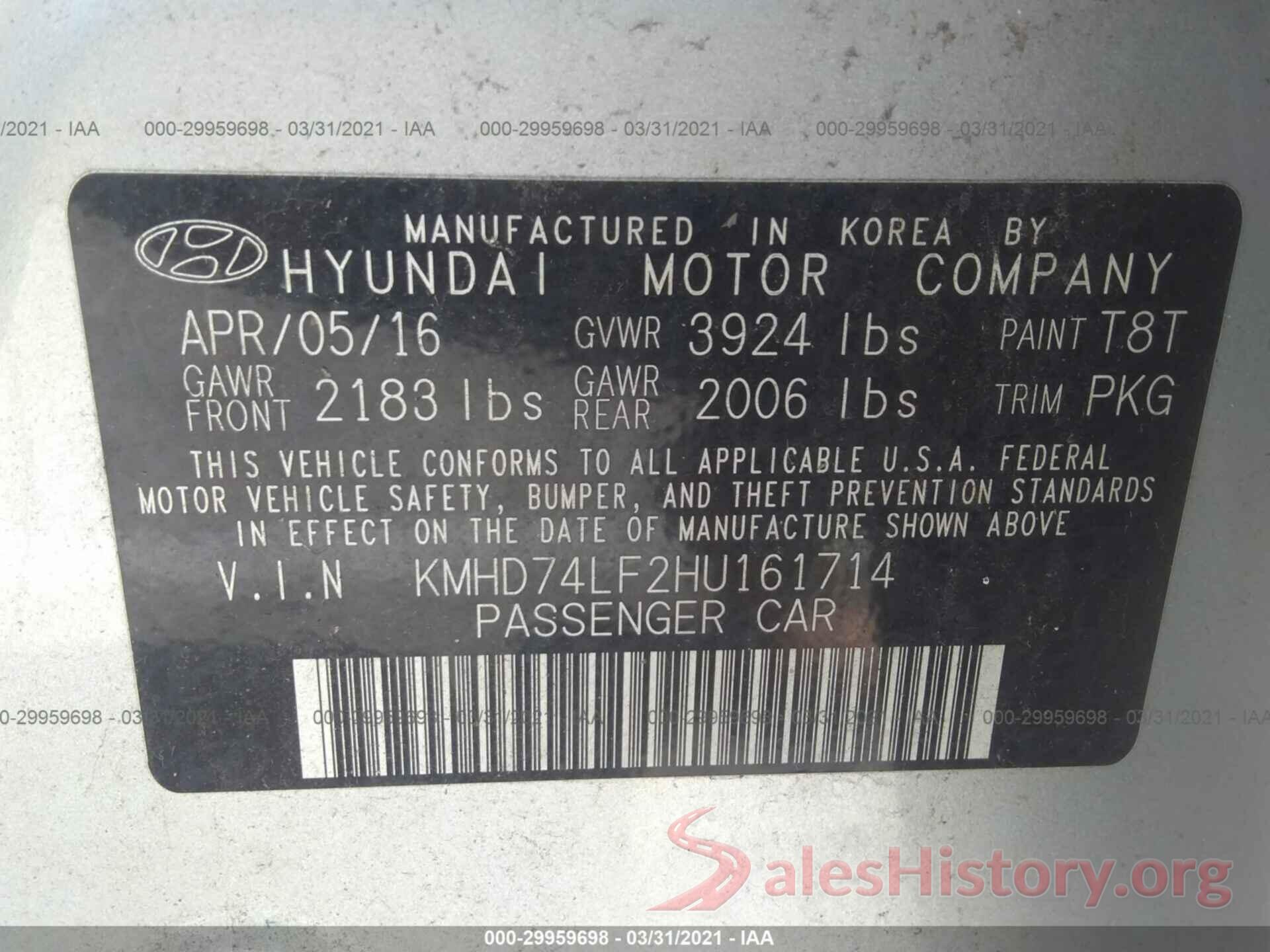 KMHD74LF2HU161714 2017 HYUNDAI ELANTRA