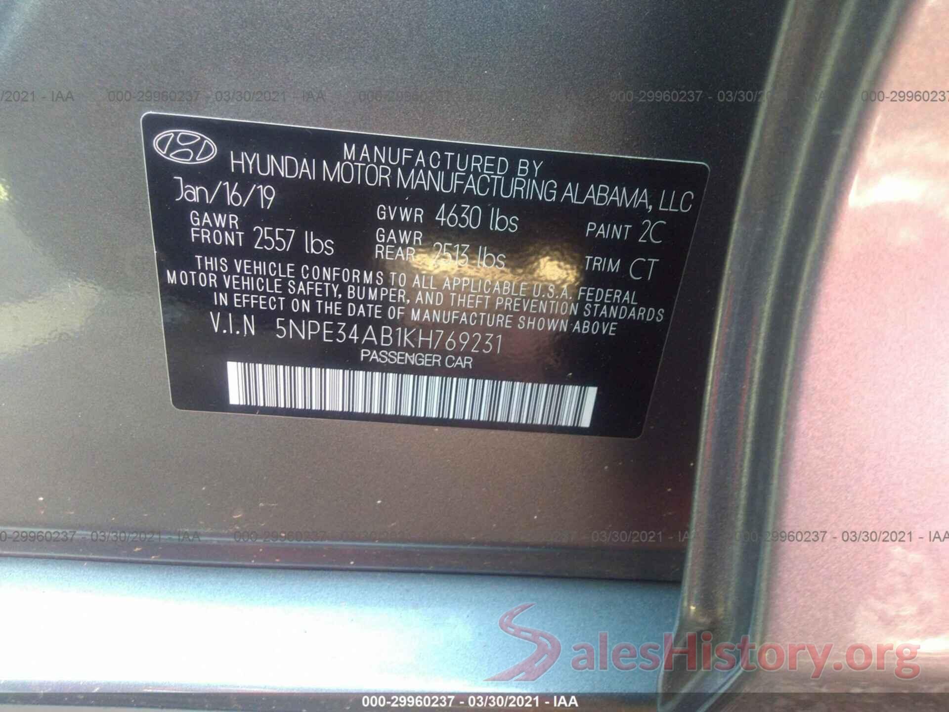 5NPE34AB1KH769231 2019 HYUNDAI SONATA