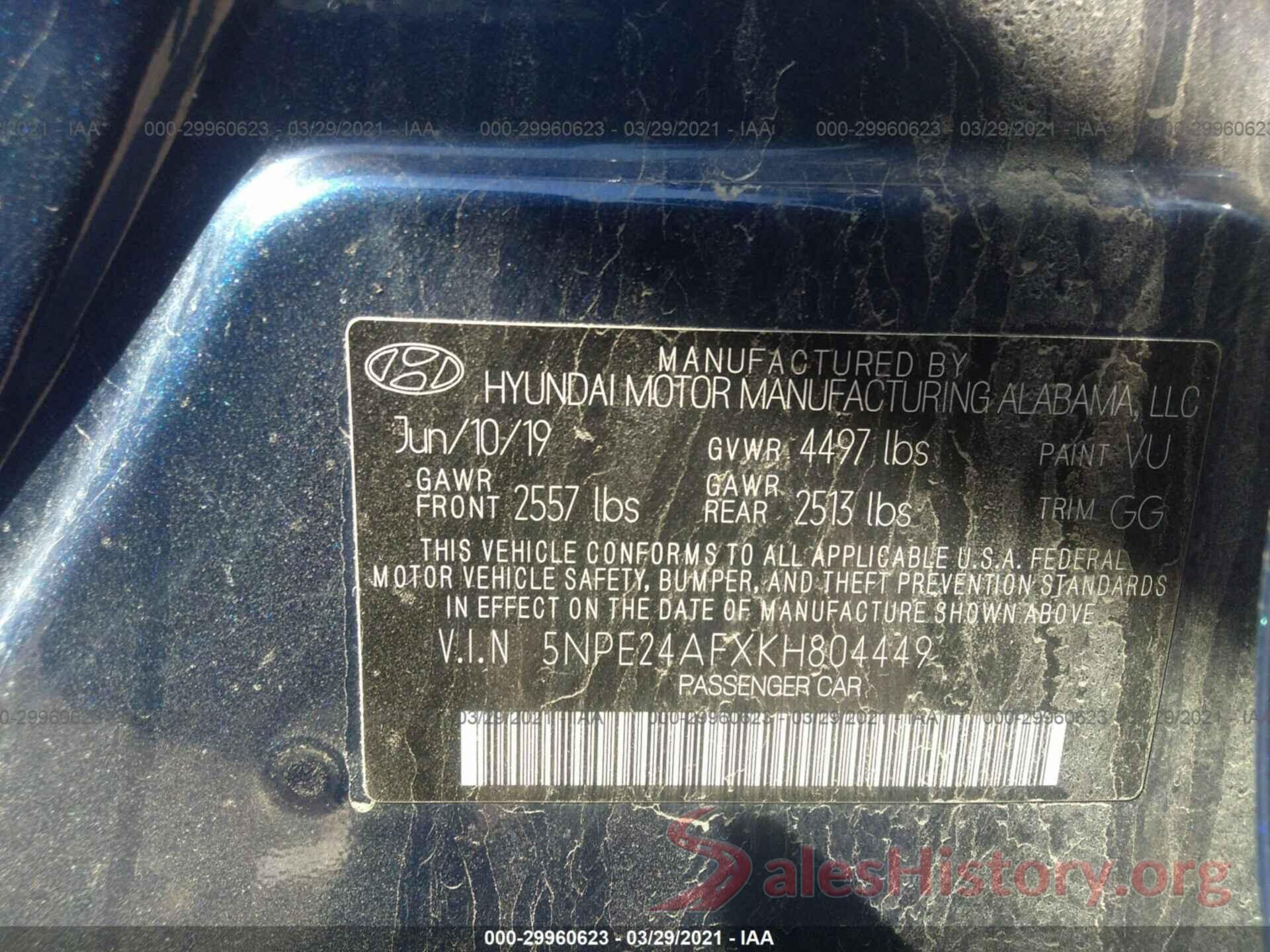 5NPE24AFXKH804449 2019 HYUNDAI SONATA