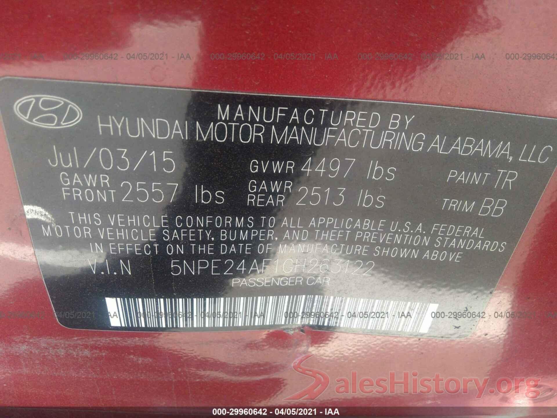 5NPE24AF1GH263122 2016 HYUNDAI SONATA