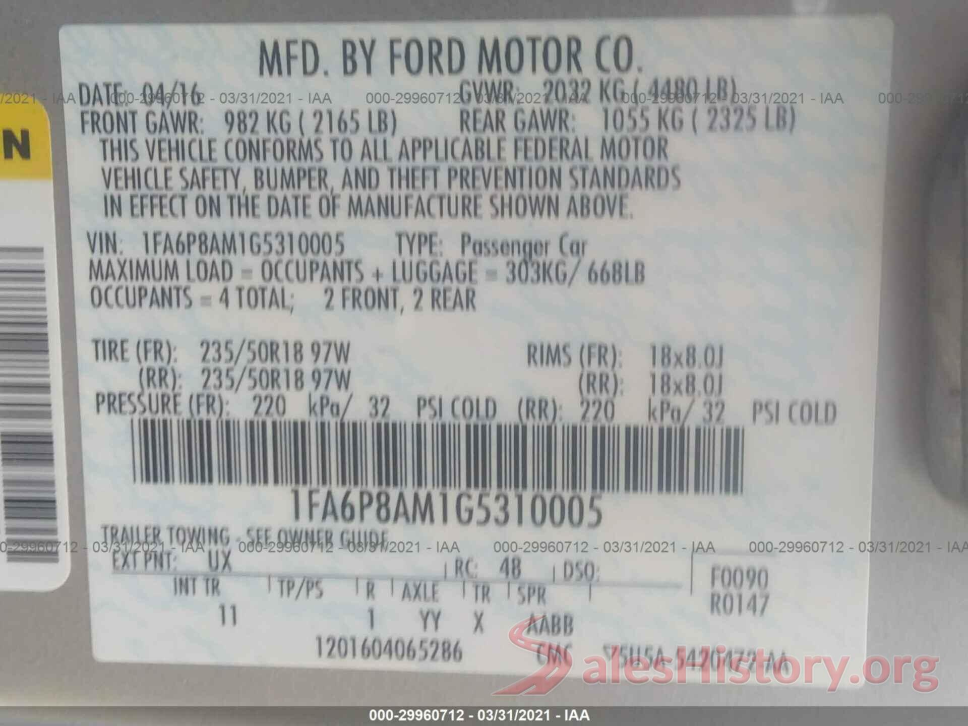 1FA6P8AM1G5310005 2016 FORD MUSTANG