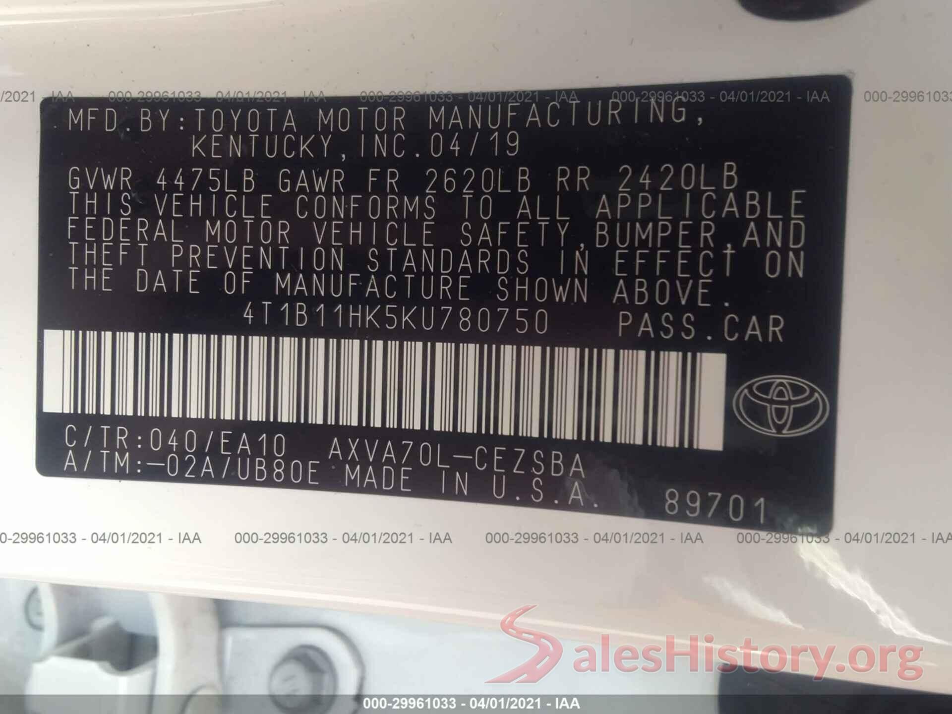 4T1B11HK5KU780750 2019 TOYOTA CAMRY