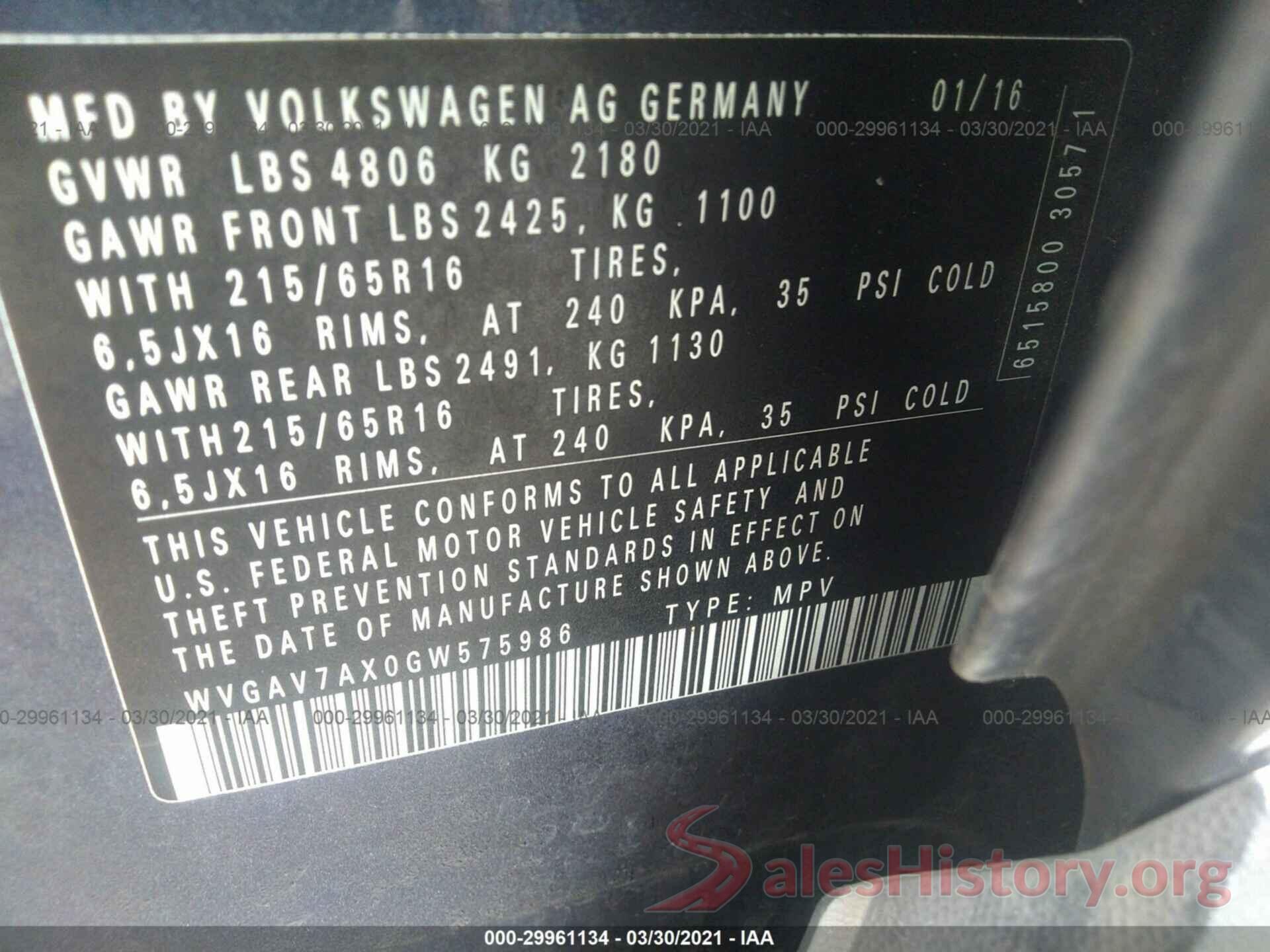 WVGAV7AX0GW575986 2016 VOLKSWAGEN TIGUAN