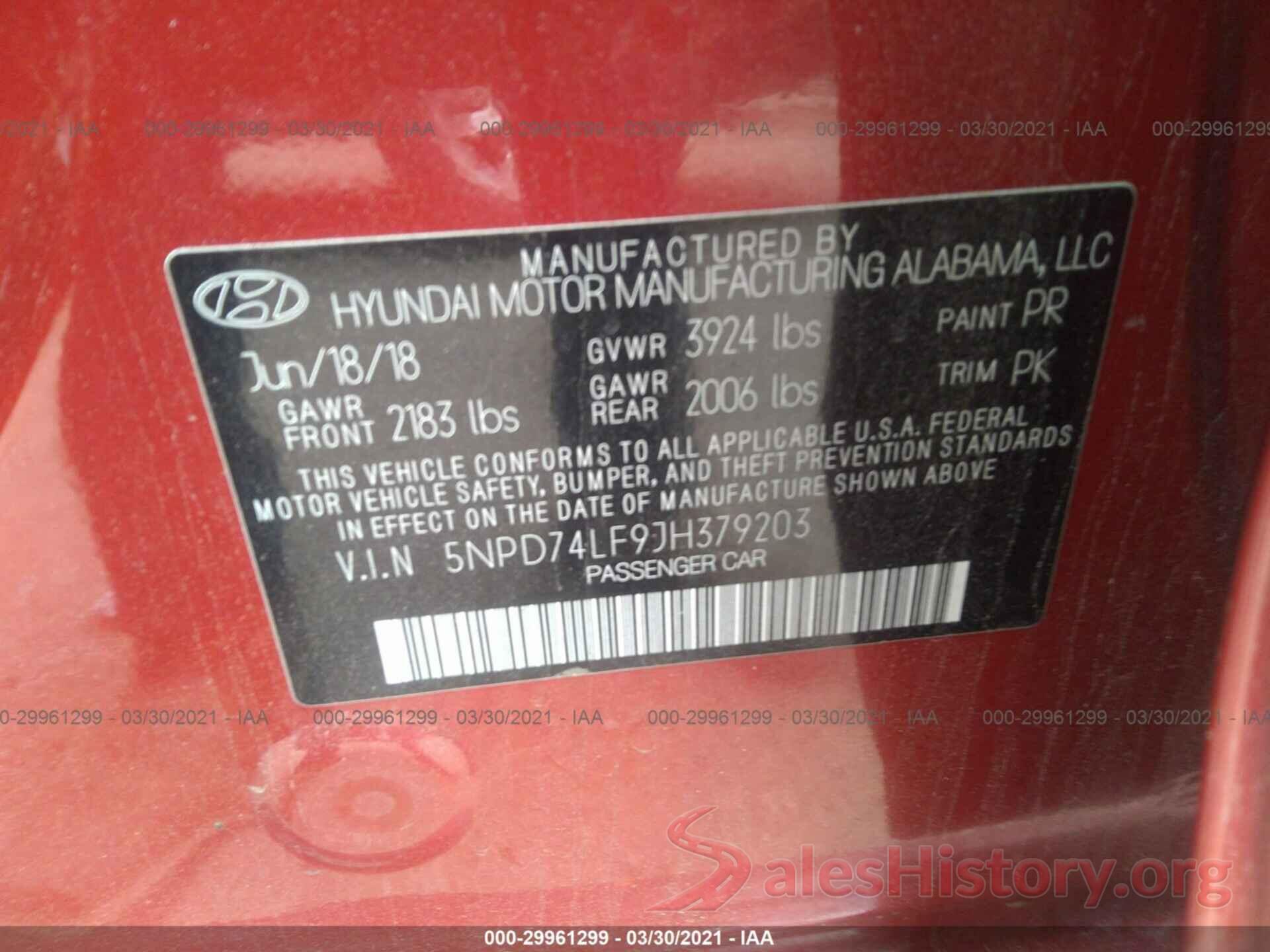 5NPD74LF9JH379203 2018 HYUNDAI ELANTRA