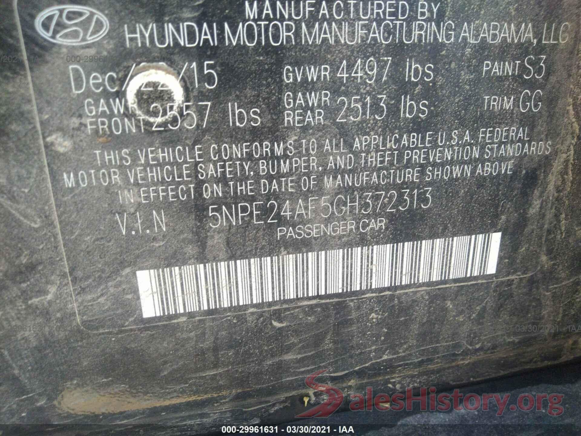 5NPE24AF5GH372313 2016 HYUNDAI SONATA