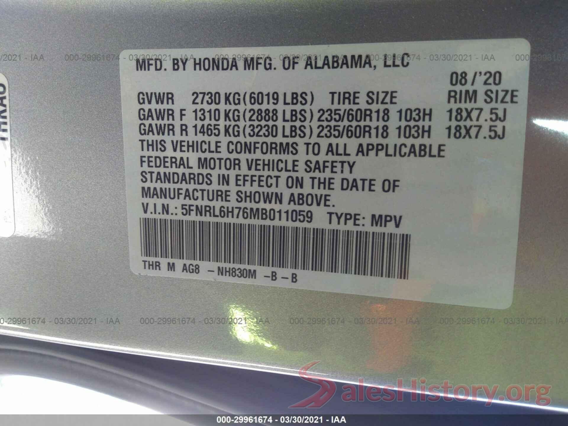 5FNRL6H76MB011059 2021 HONDA ODYSSEY