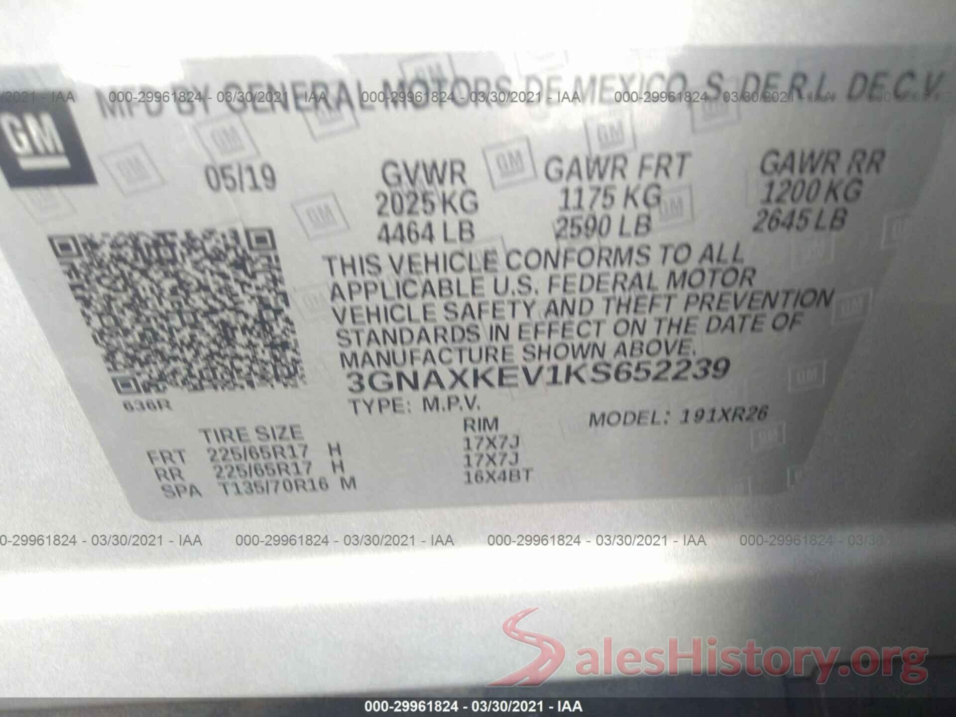 3GNAXKEV1KS652239 2019 CHEVROLET EQUINOX