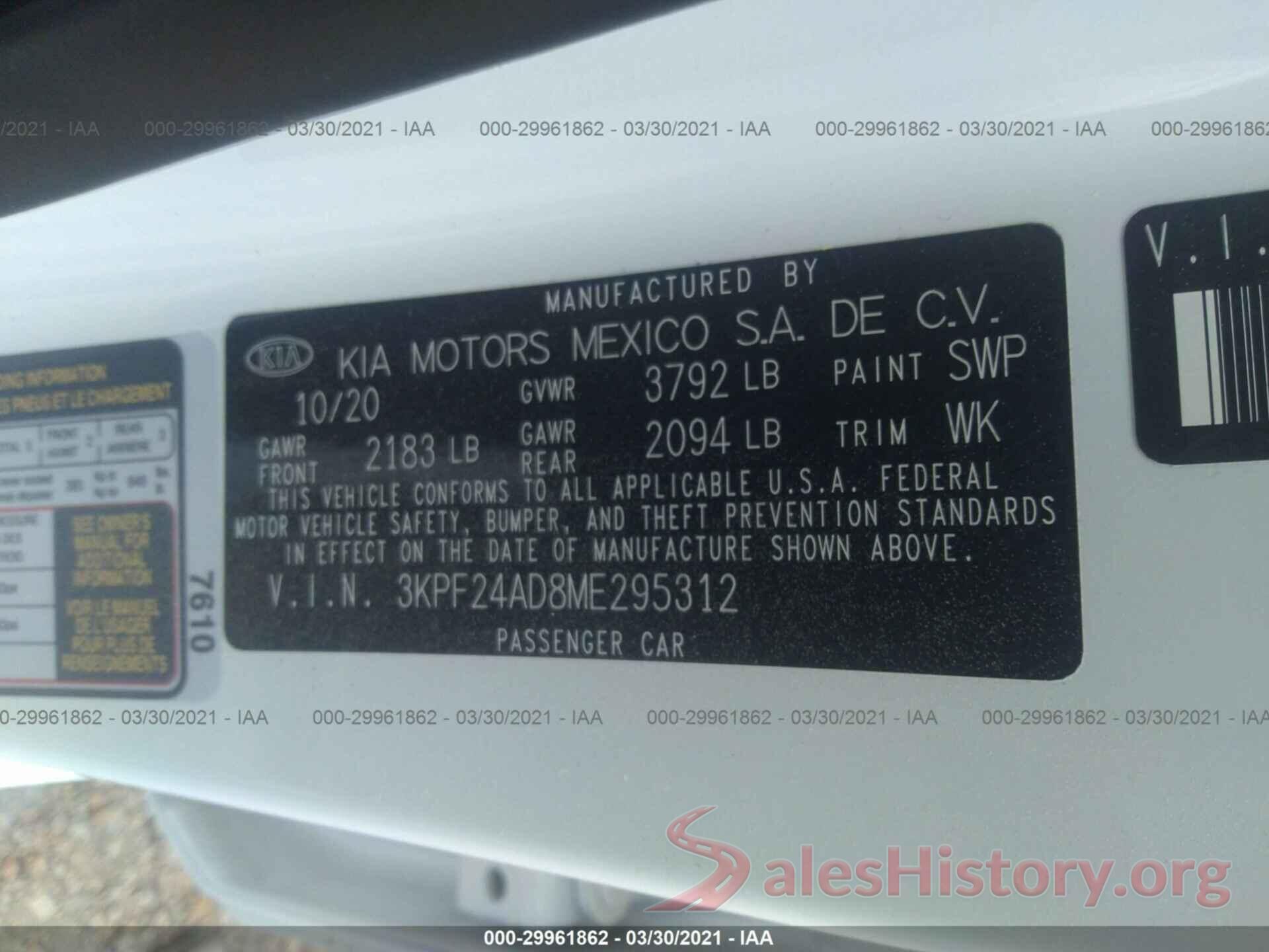 3KPF24AD8ME295312 2021 KIA FORTE