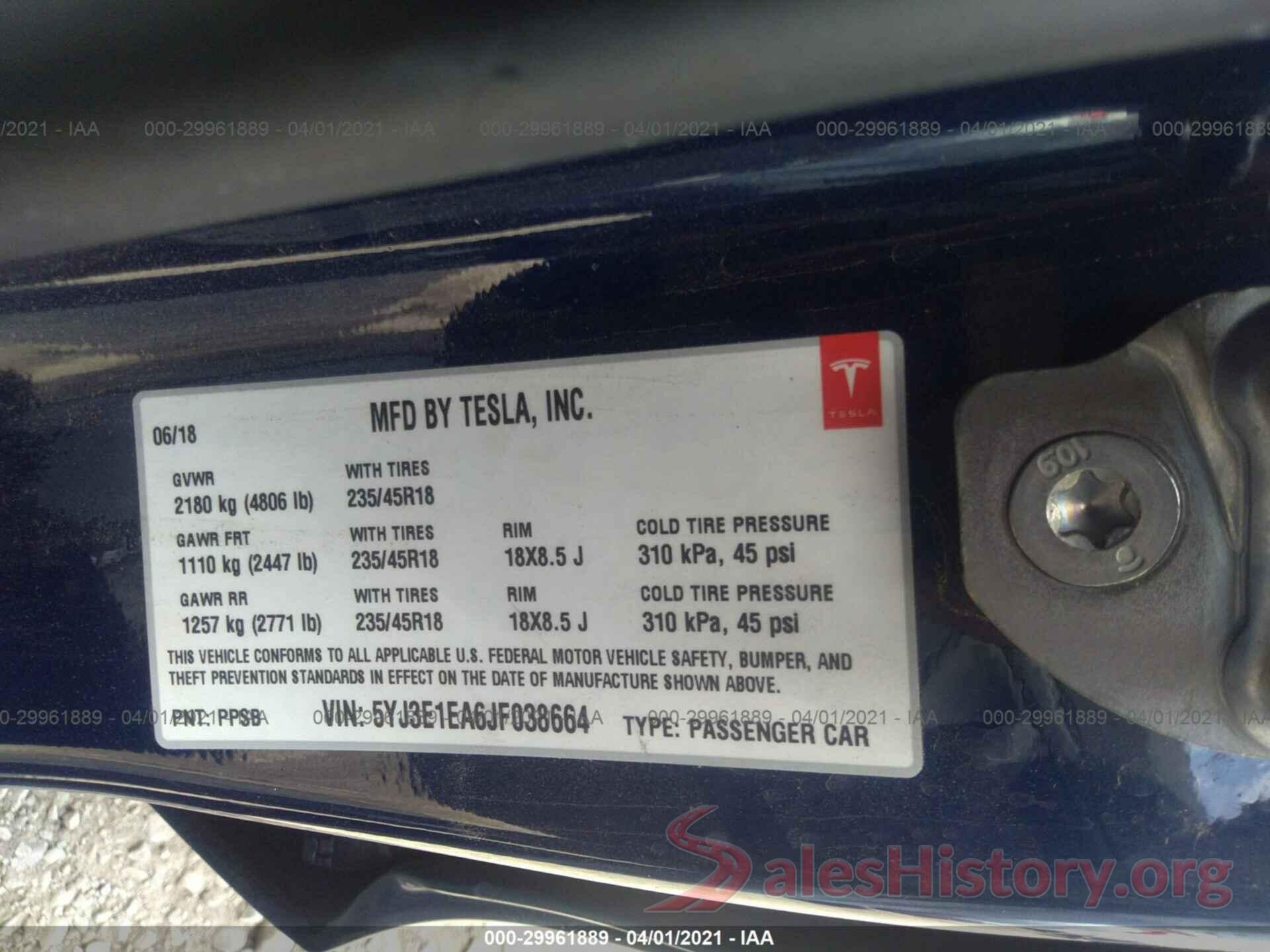 5YJ3E1EA6JF038664 2018 TESLA MODEL 3