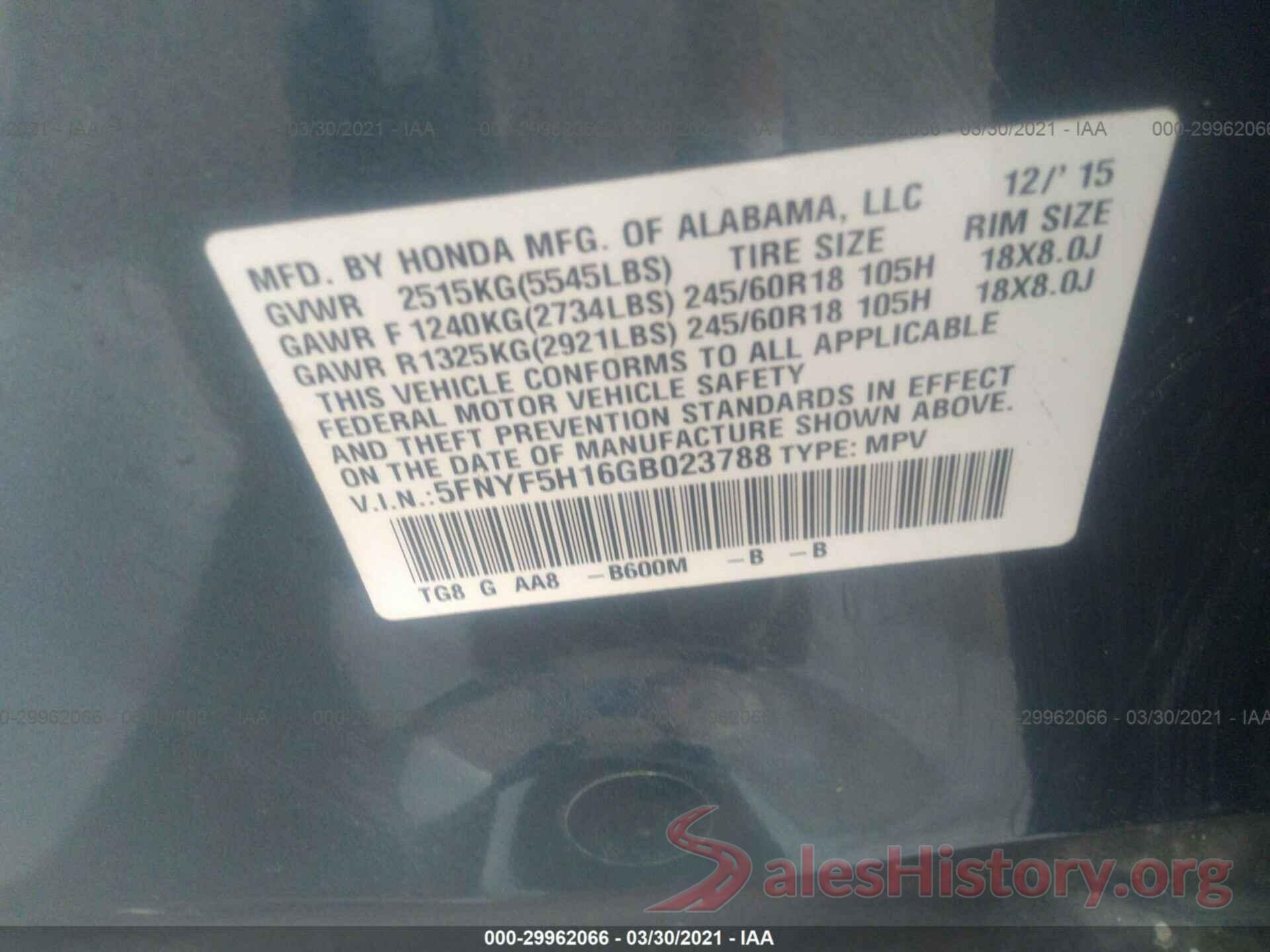 5FNYF5H16GB023788 2016 HONDA PILOT