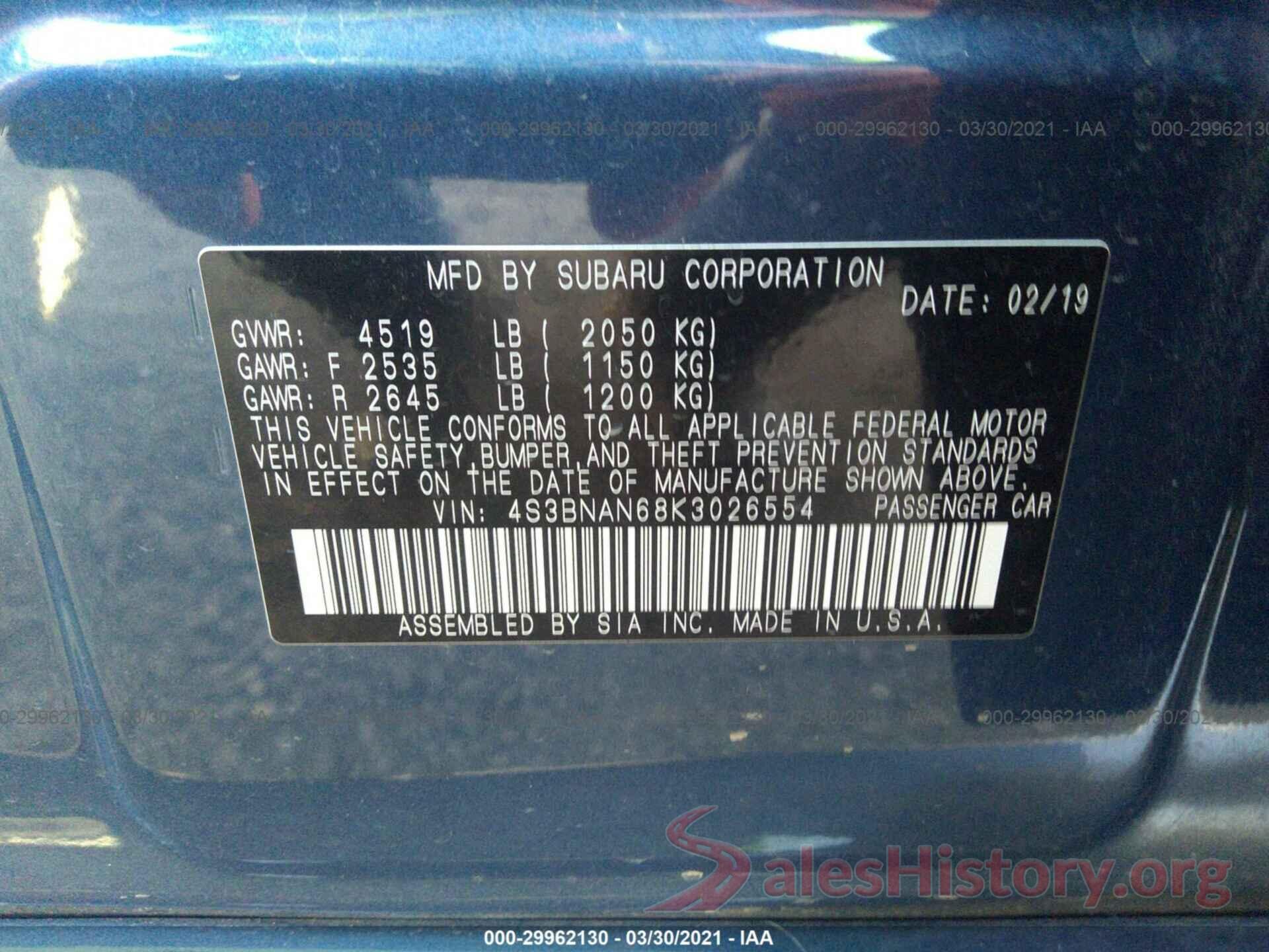 4S3BNAN68K3026554 2019 SUBARU LEGACY