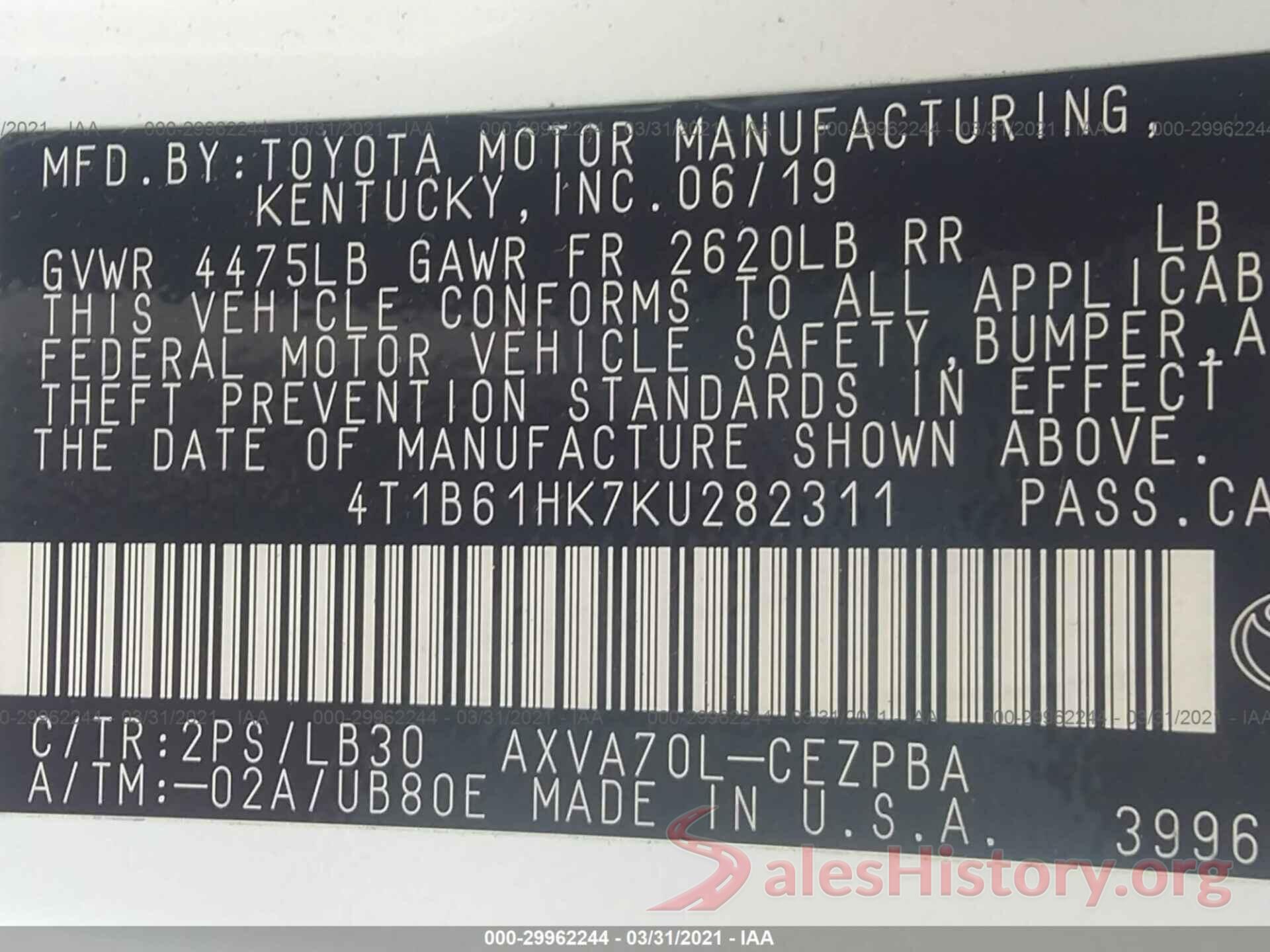 4T1B61HK7KU282311 2019 TOYOTA CAMRY