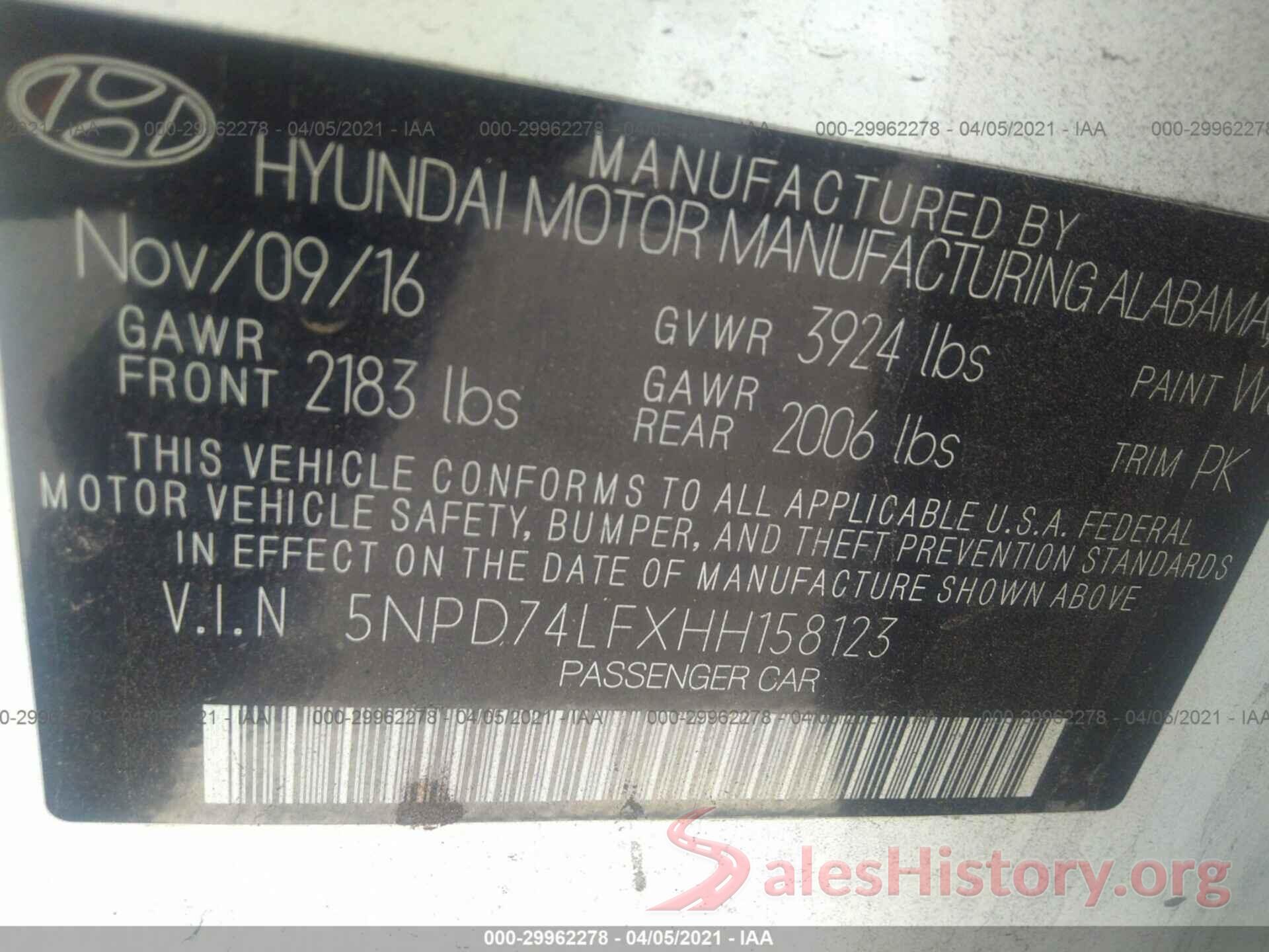 5NPD74LFXHH158123 2017 HYUNDAI ELANTRA