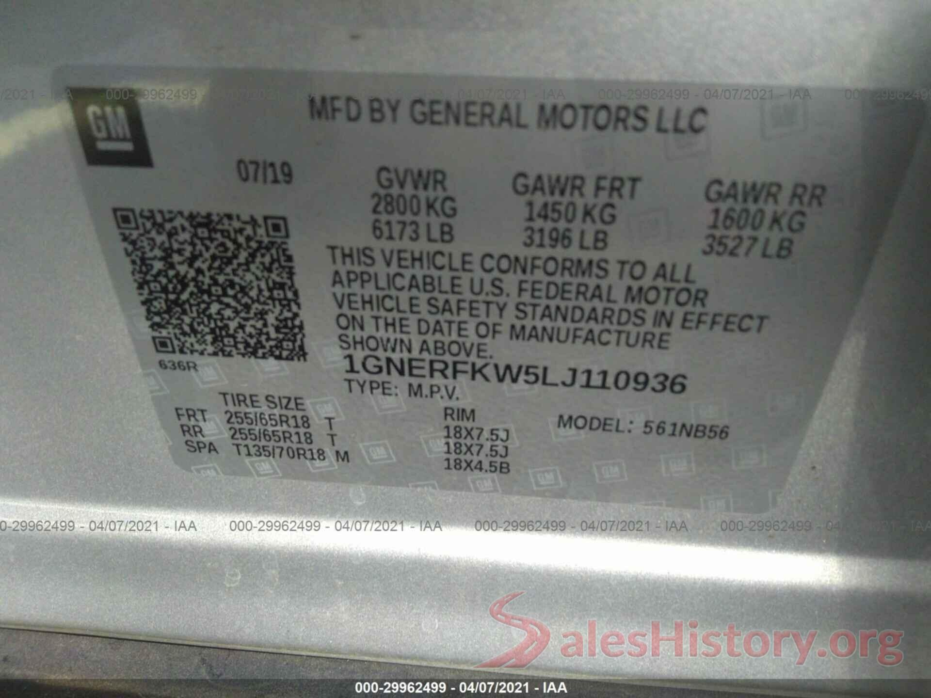 1GNERFKW5LJ110936 2020 CHEVROLET TRAVERSE