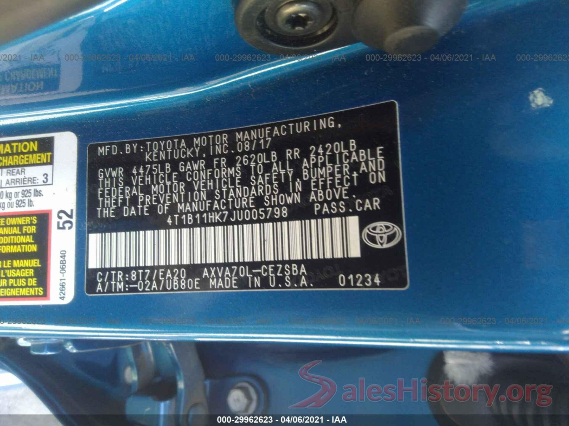 4T1B11HK7JU005798 2018 TOYOTA CAMRY