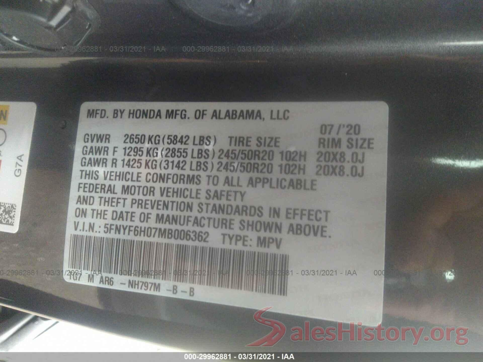 5FNYF6H07MB006362 2021 HONDA PILOT