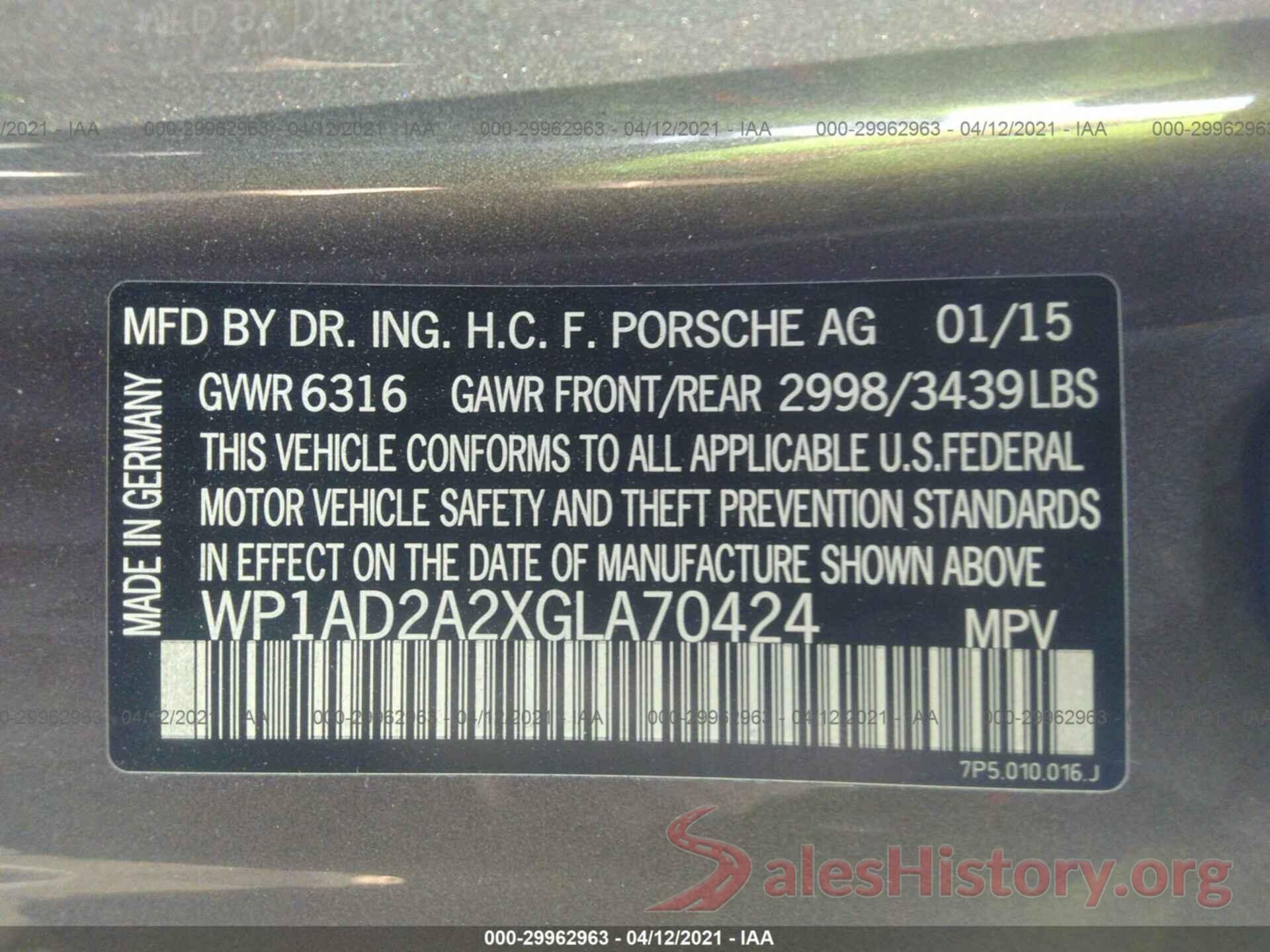 WP1AD2A2XGLA70424 2016 PORSCHE CAYENNE