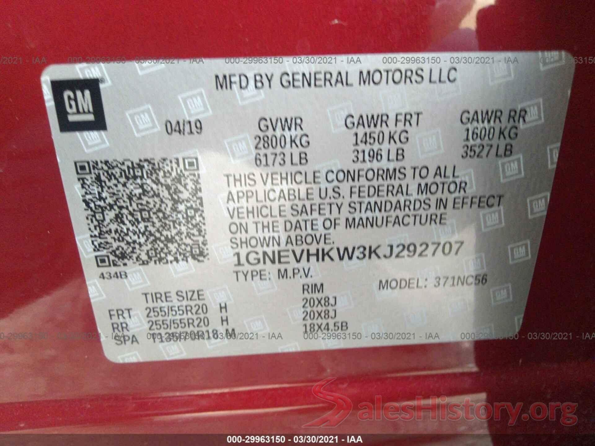 1GNEVHKW3KJ292707 2019 CHEVROLET TRAVERSE