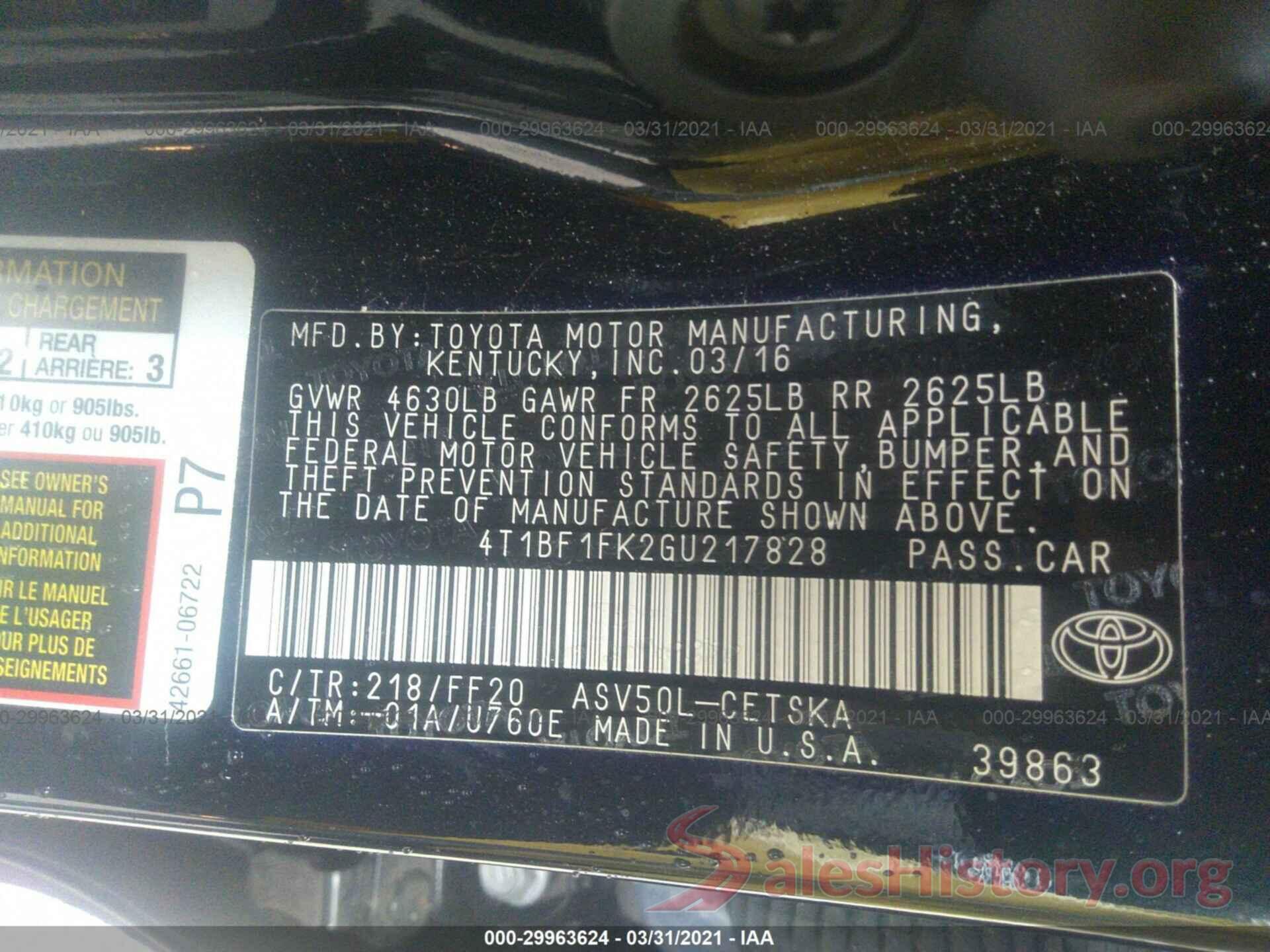 4T1BF1FK2GU217828 2016 TOYOTA CAMRY