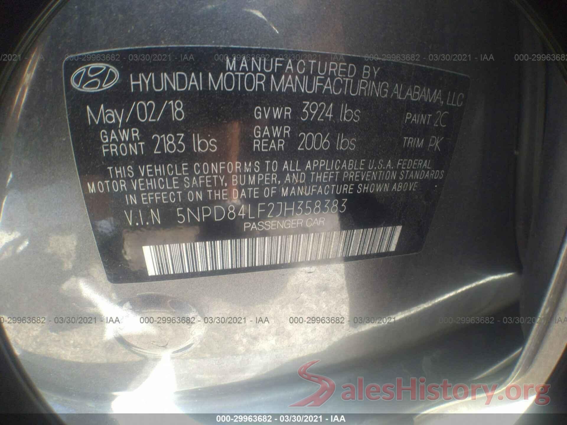 5NPD84LF2JH358383 2018 HYUNDAI ELANTRA