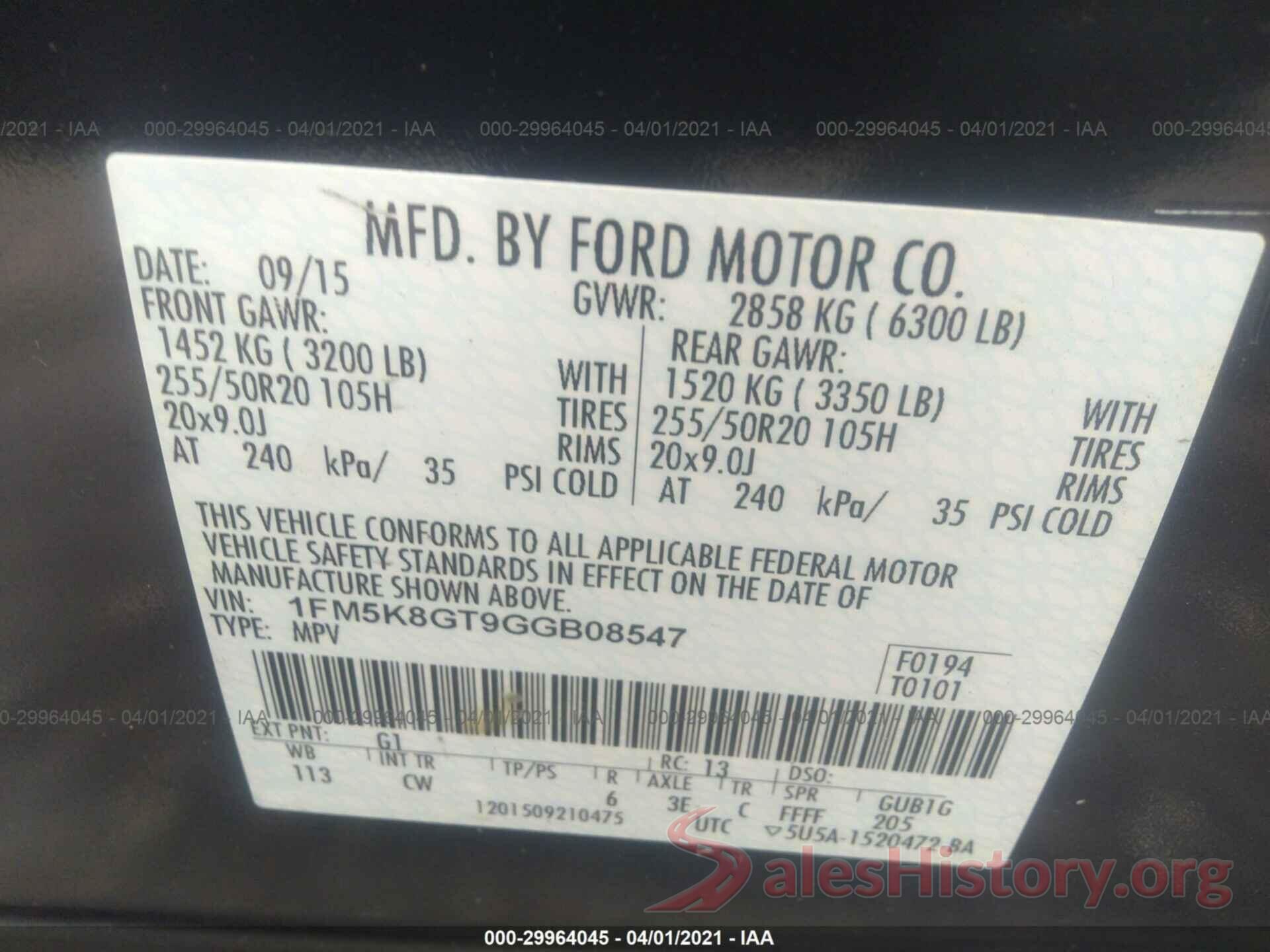 1FM5K8GT9GGB08547 2016 FORD EXPLORER