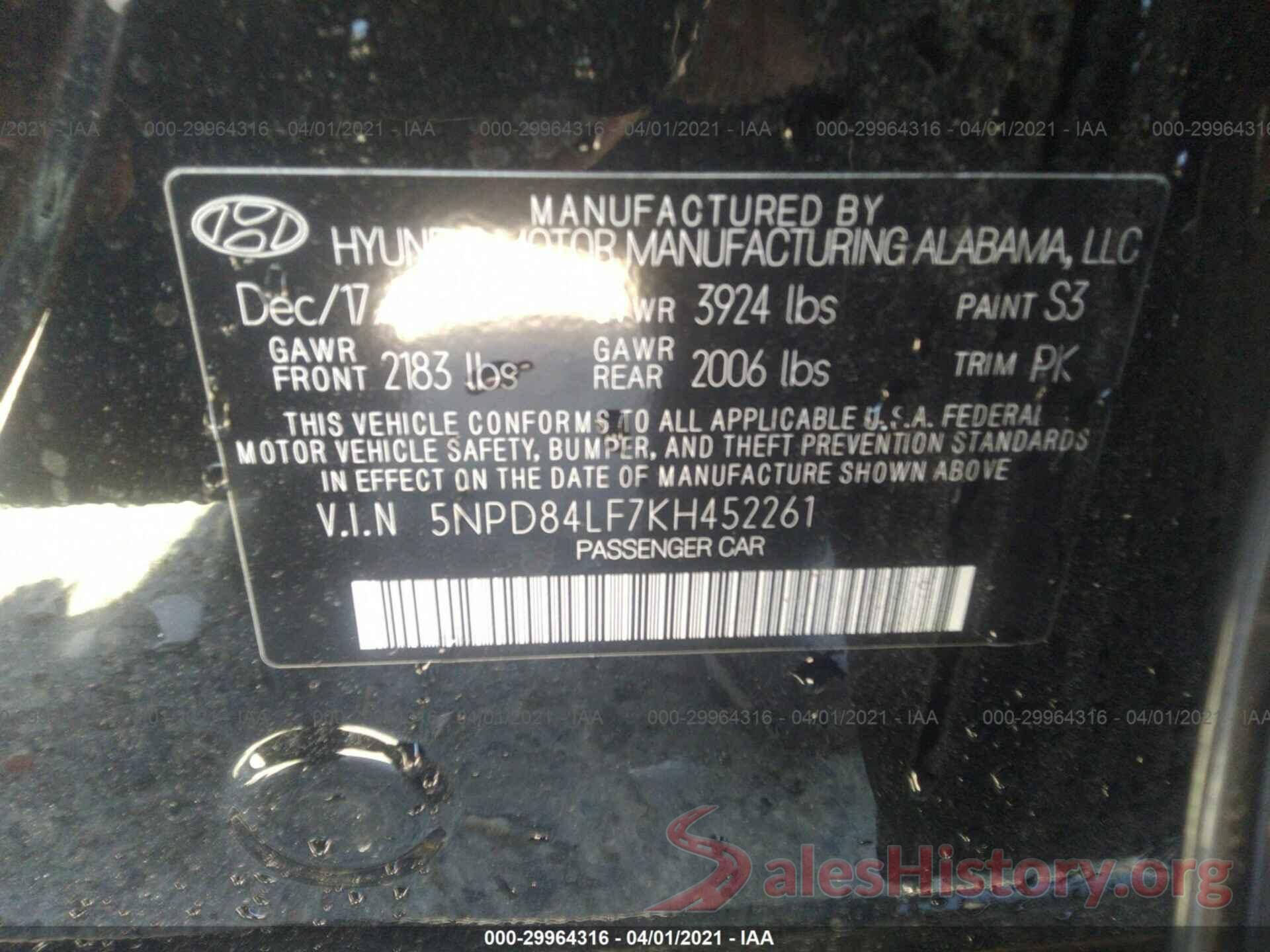 5NPD84LF7KH452261 2019 HYUNDAI ELANTRA