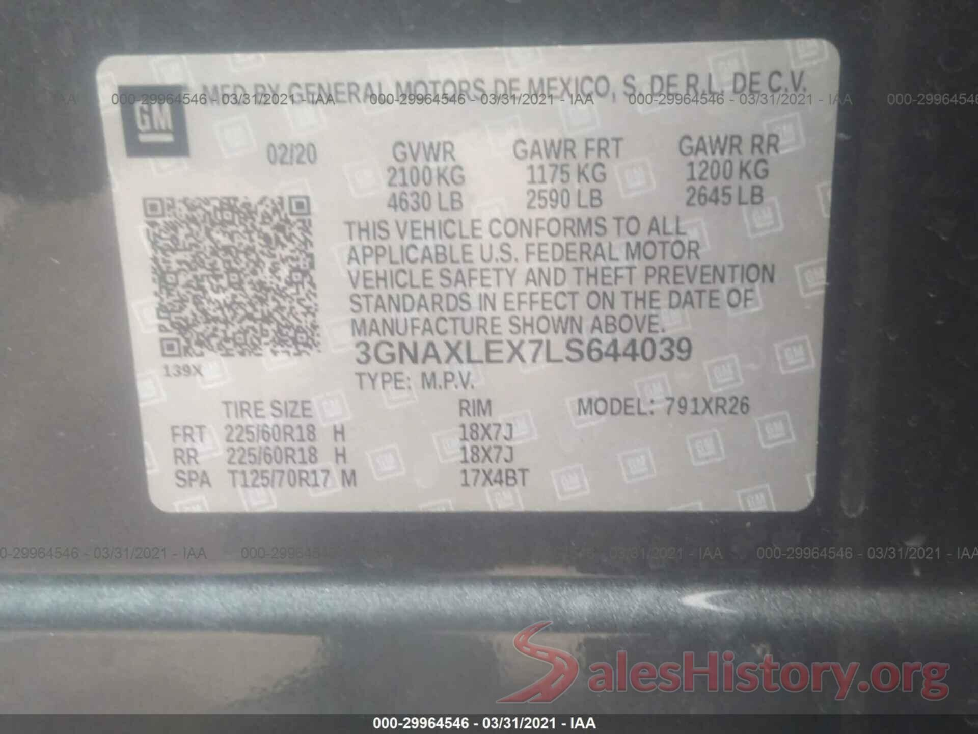 3GNAXLEX7LS644039 2020 CHEVROLET EQUINOX