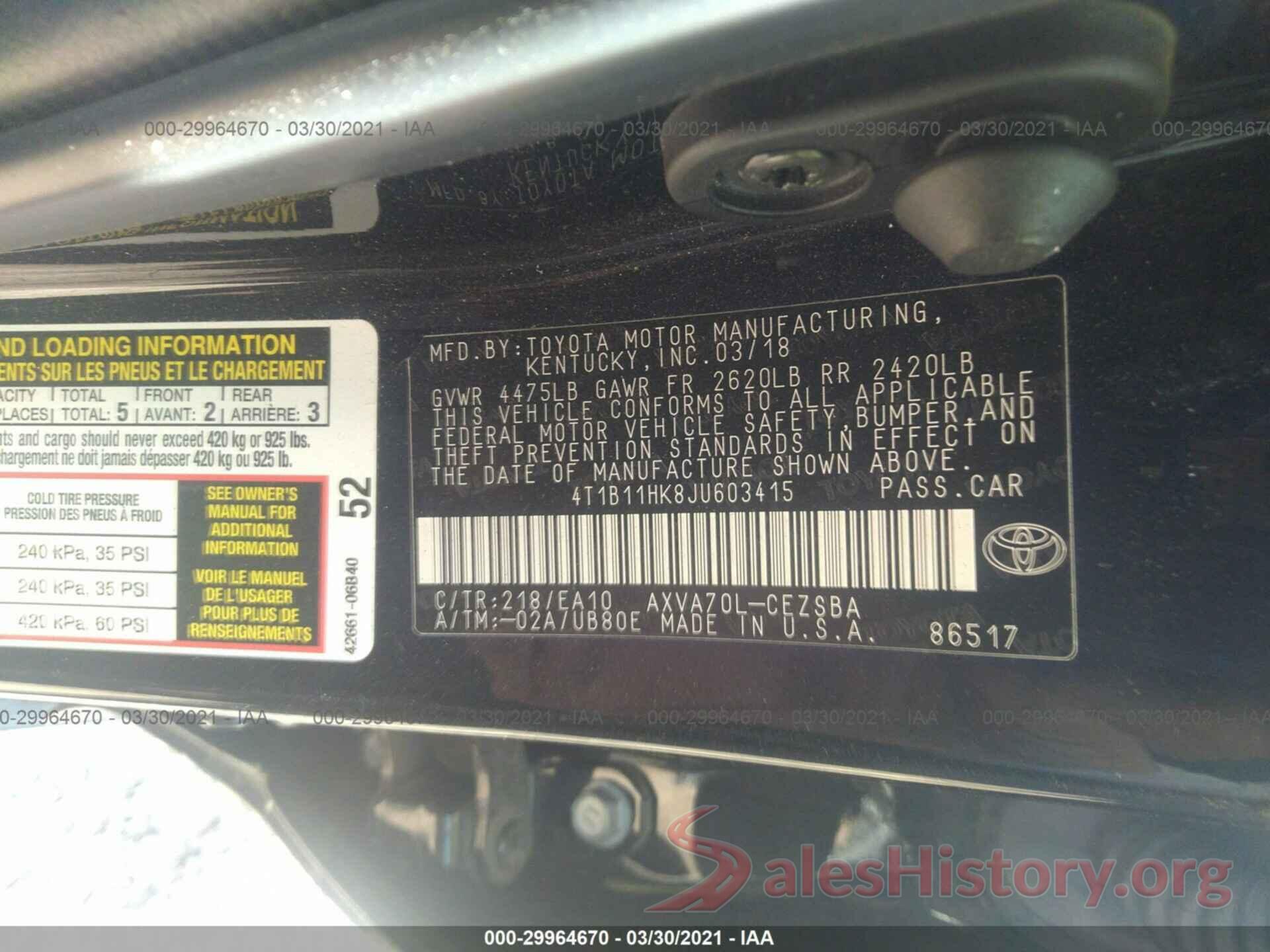 4T1B11HK8JU603415 2018 TOYOTA CAMRY