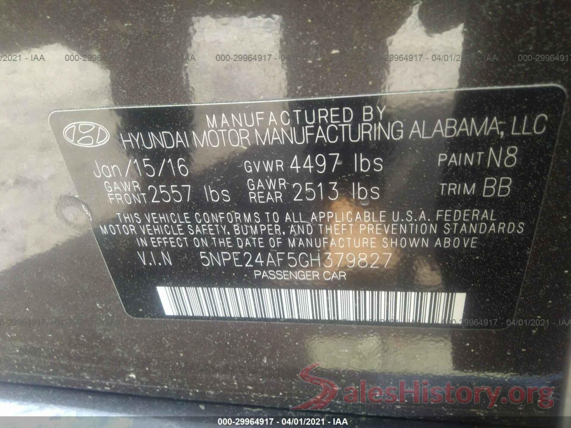 5NPE24AF5GH379827 2016 HYUNDAI SONATA