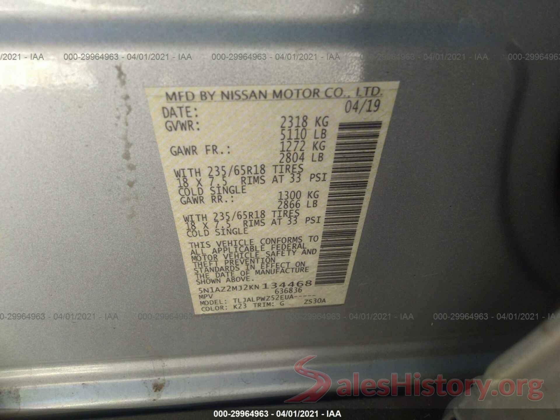 5N1AZ2MJ2KN134468 2019 NISSAN MURANO