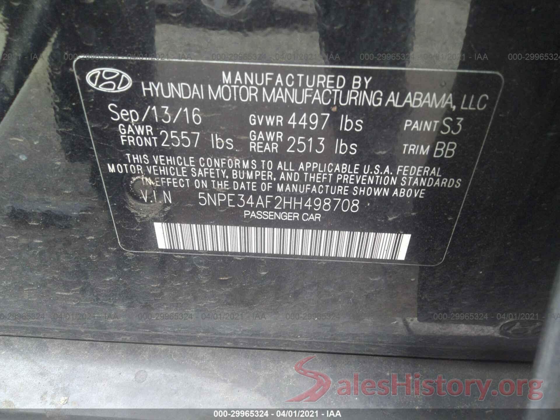 5NPE34AF2HH498708 2017 HYUNDAI SONATA