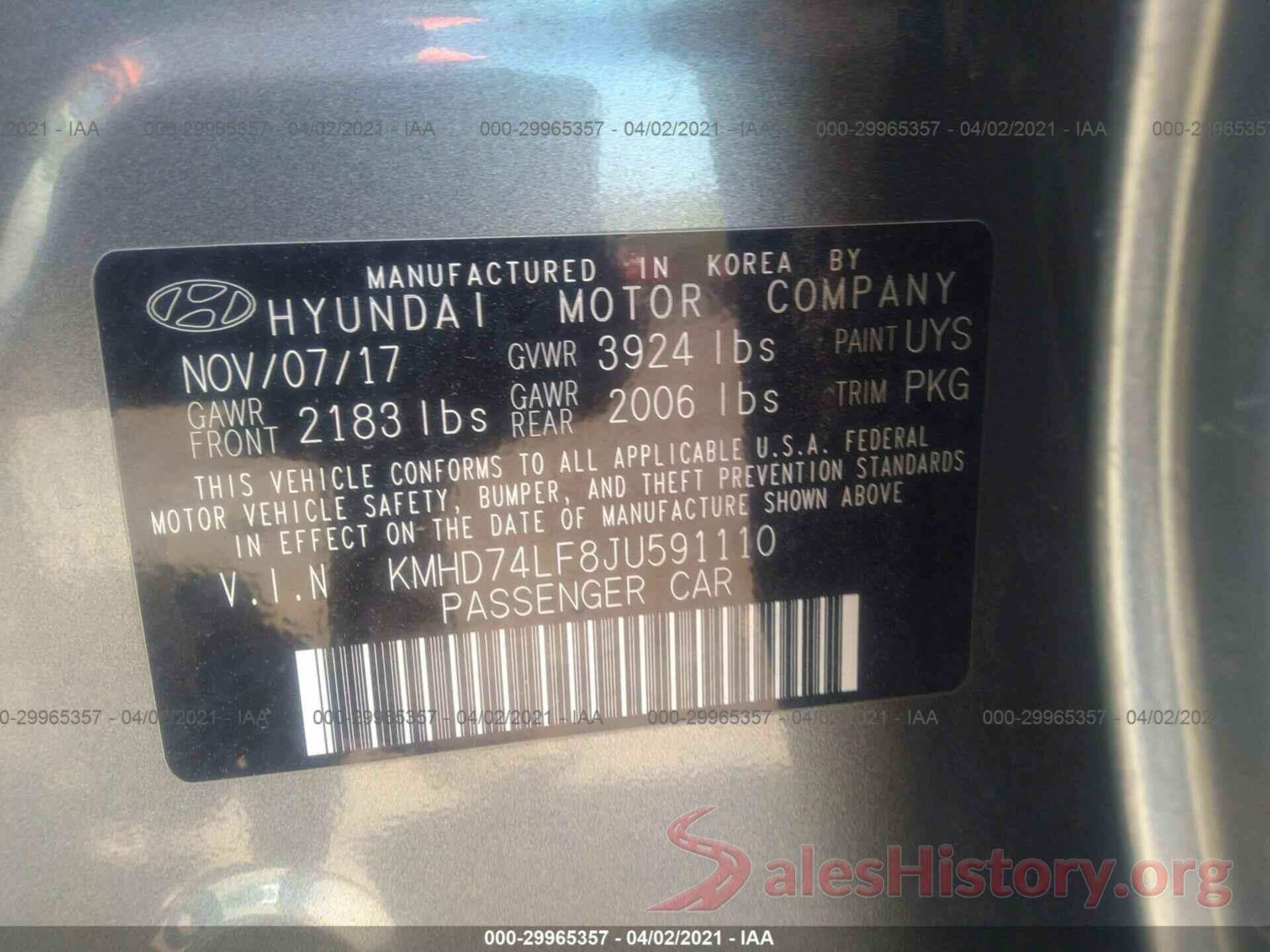 KMHD74LF8JU591110 2018 HYUNDAI ELANTRA