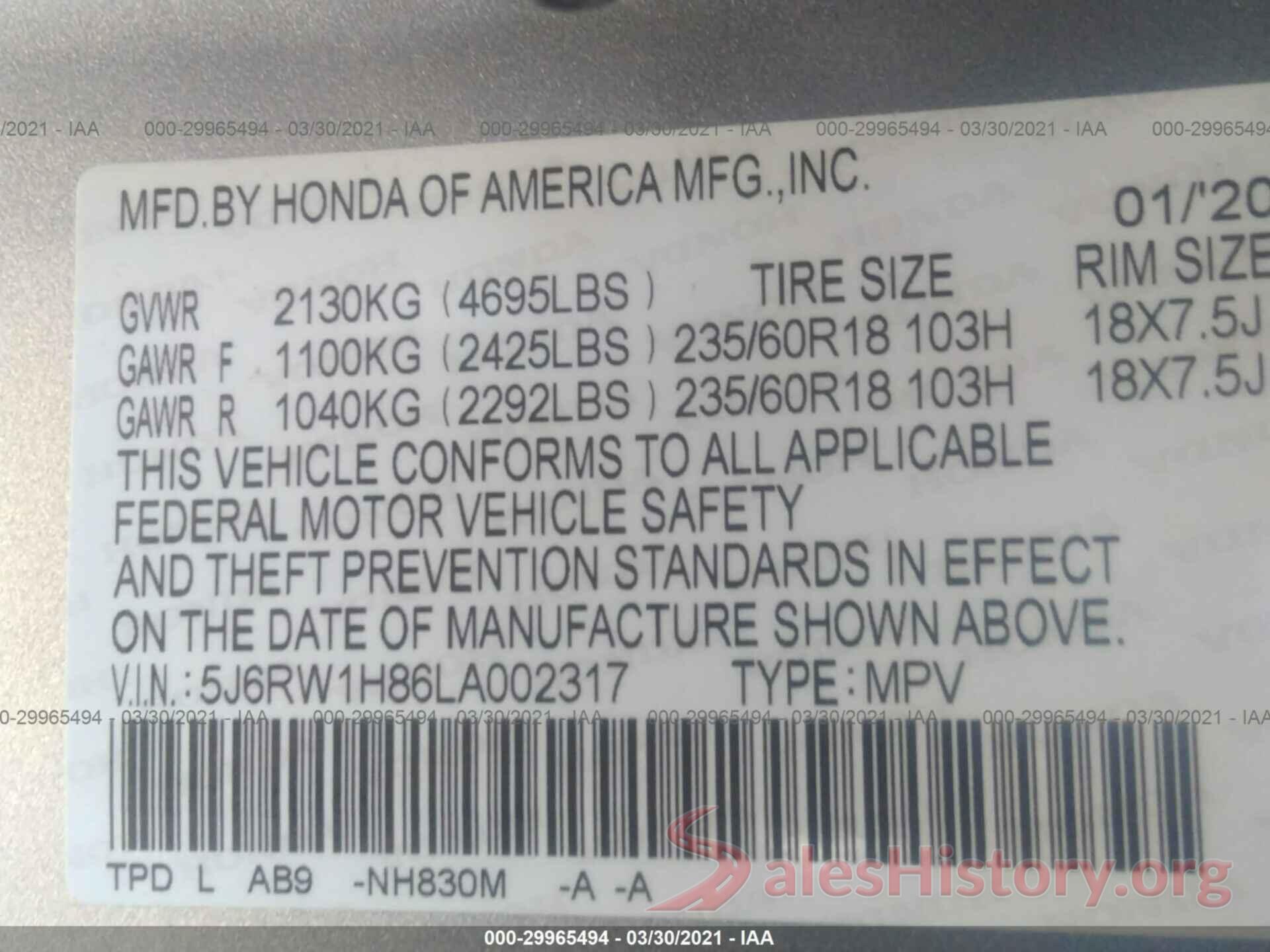 5J6RW1H86LA002317 2020 HONDA CR-V