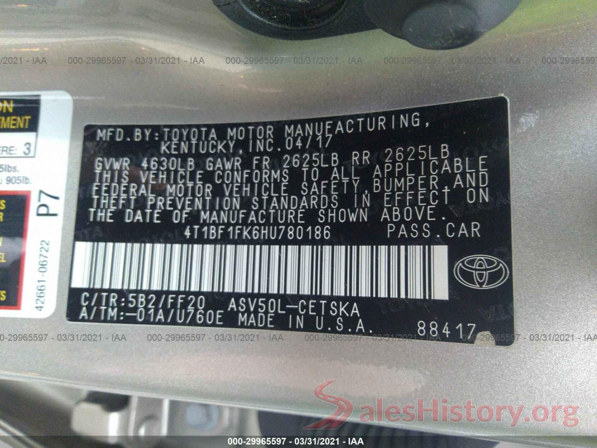 4T1BF1FK6HU780186 2017 TOYOTA CAMRY