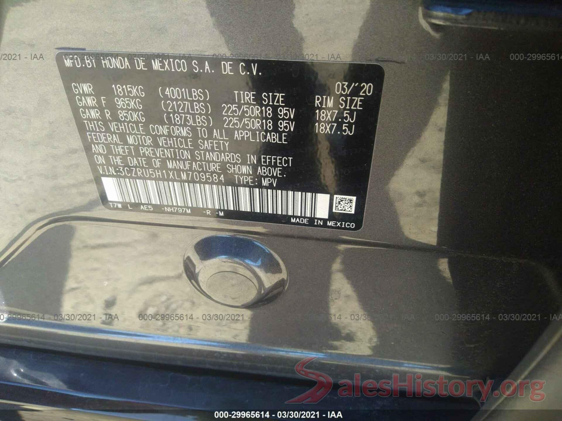 3CZRU5H1XLM709584 2020 HONDA HR-V