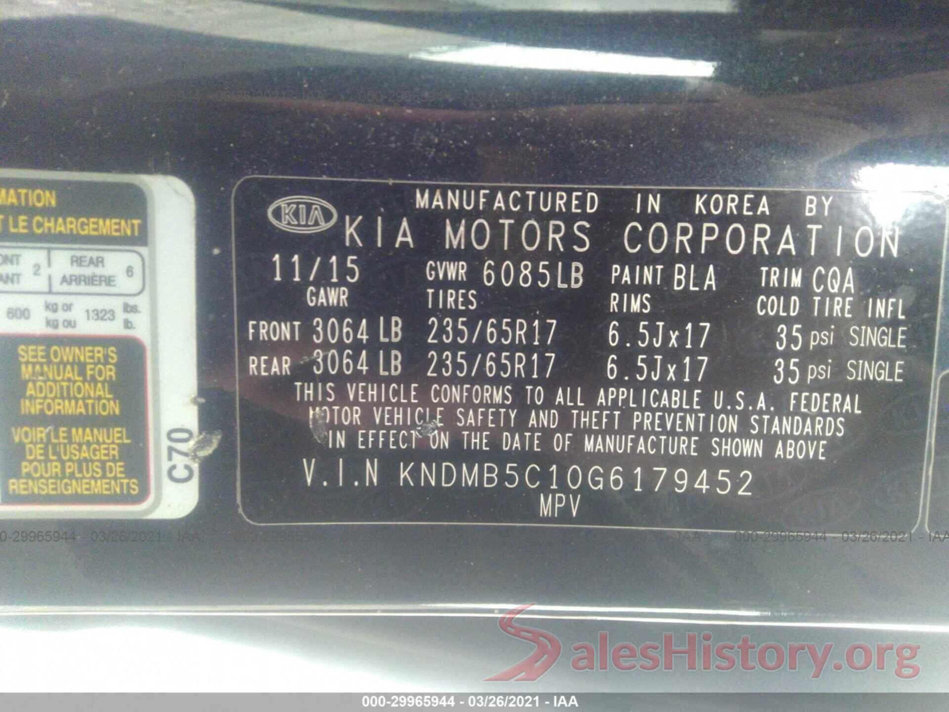 KNDMB5C10G6179452 2016 KIA SEDONA