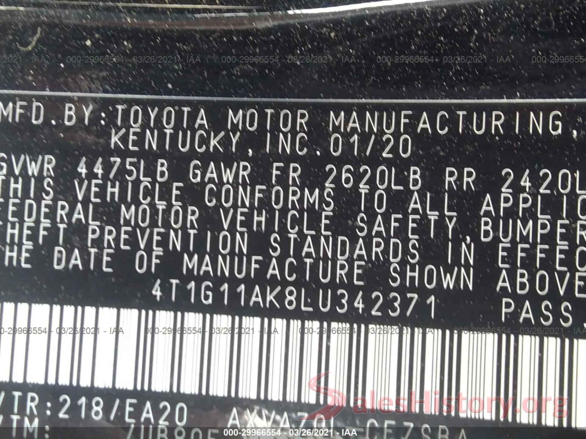 4T1G11AK8LU342371 2020 TOYOTA CAMRY