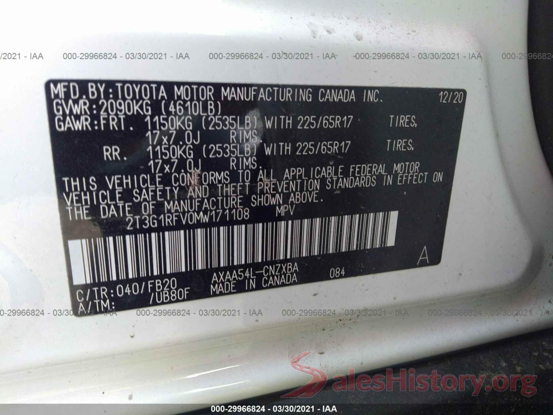 2T3G1RFV0MW171108 2021 TOYOTA RAV4