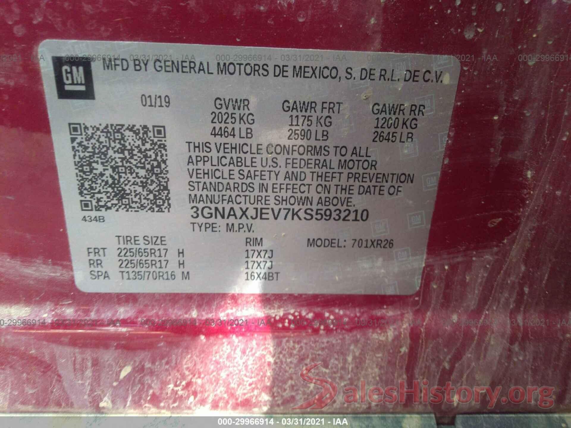 3GNAXJEV7KS593210 2019 CHEVROLET EQUINOX