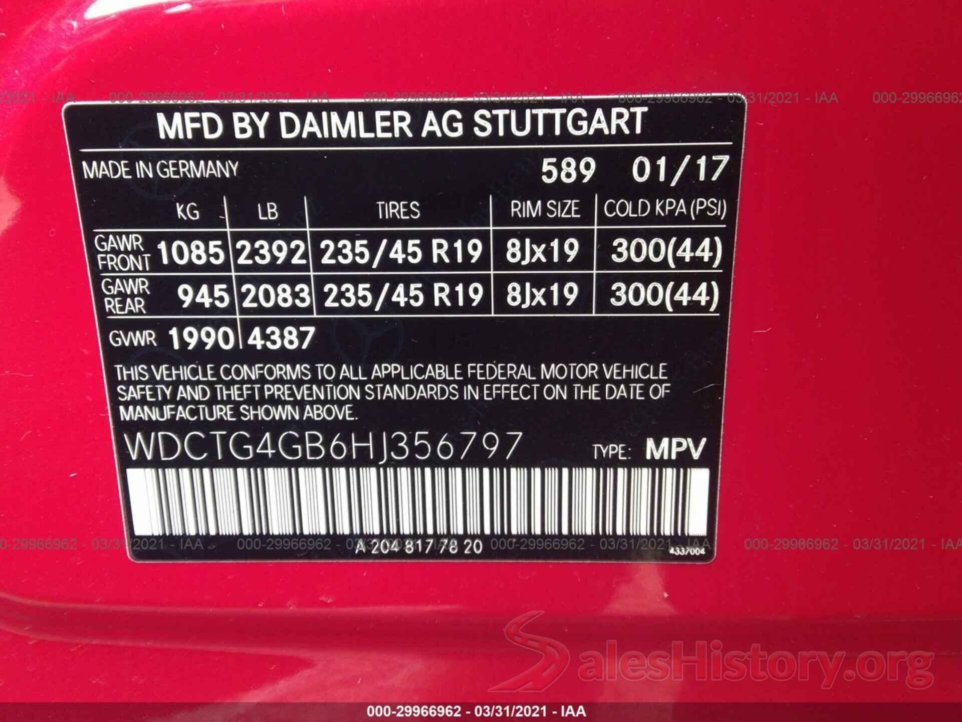 WDCTG4GB6HJ356797 2017 MERCEDES-BENZ GLA