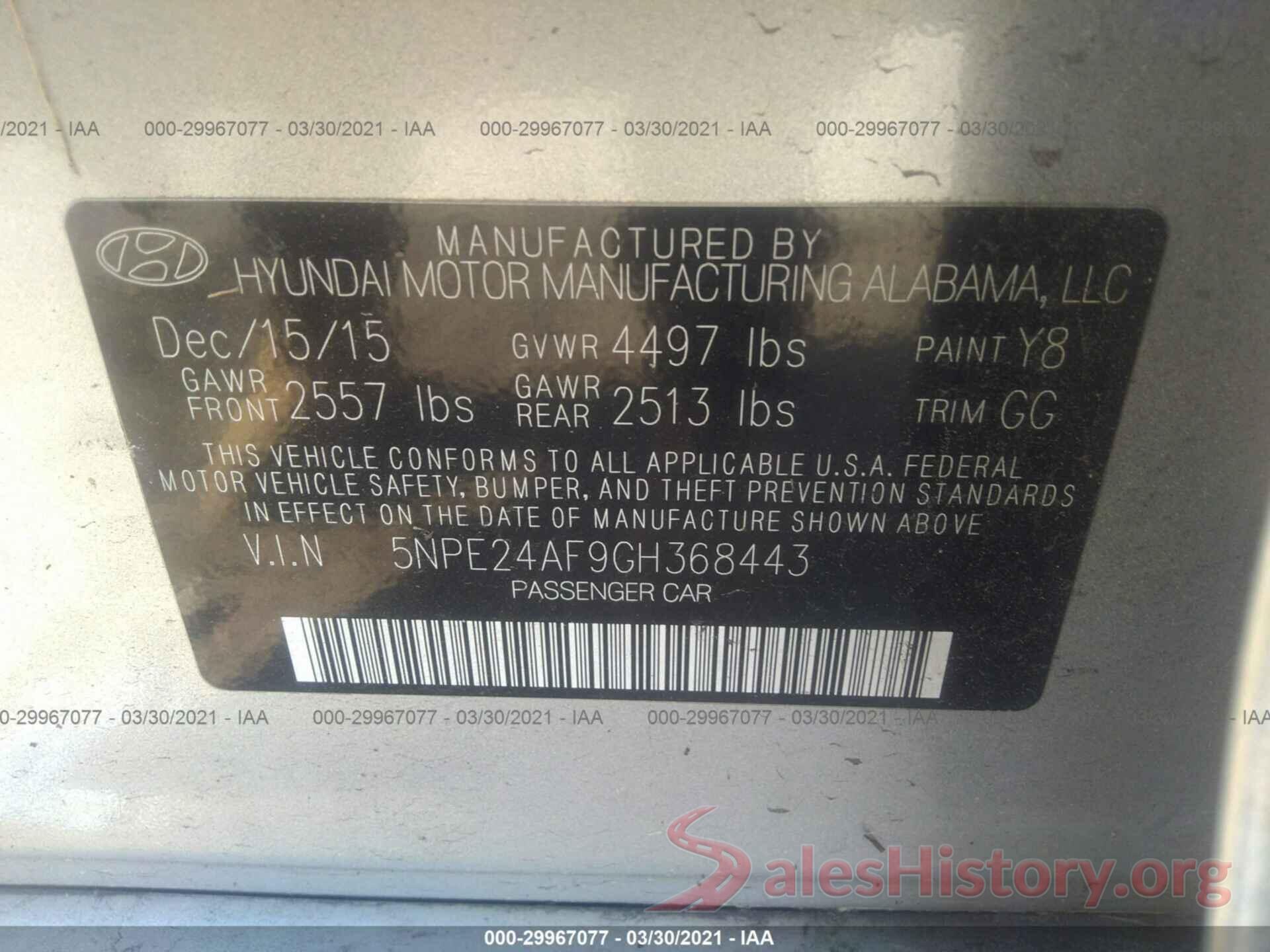 5NPE24AF9GH368443 2016 HYUNDAI SONATA