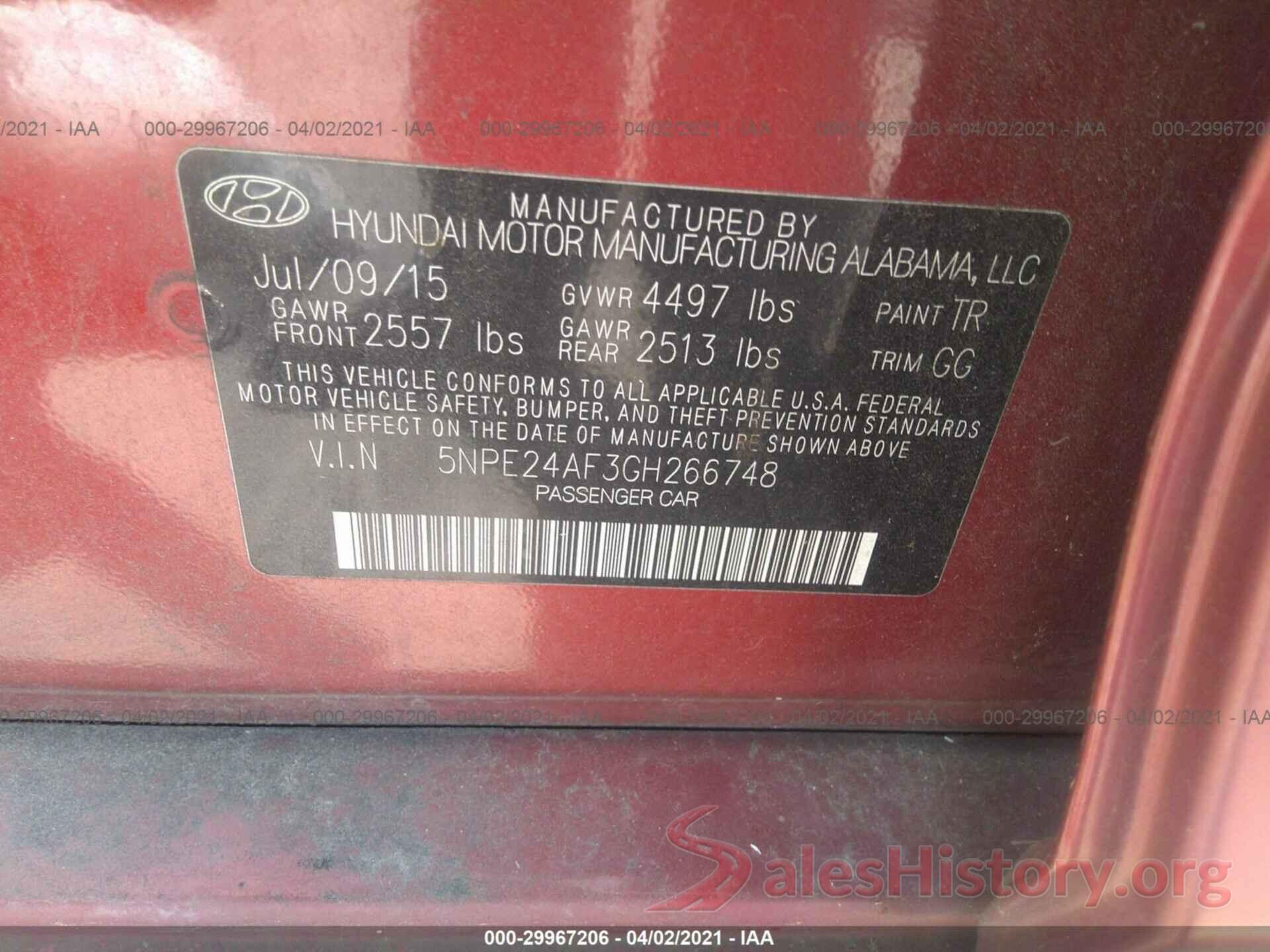 5NPE24AF3GH266748 2016 HYUNDAI SONATA