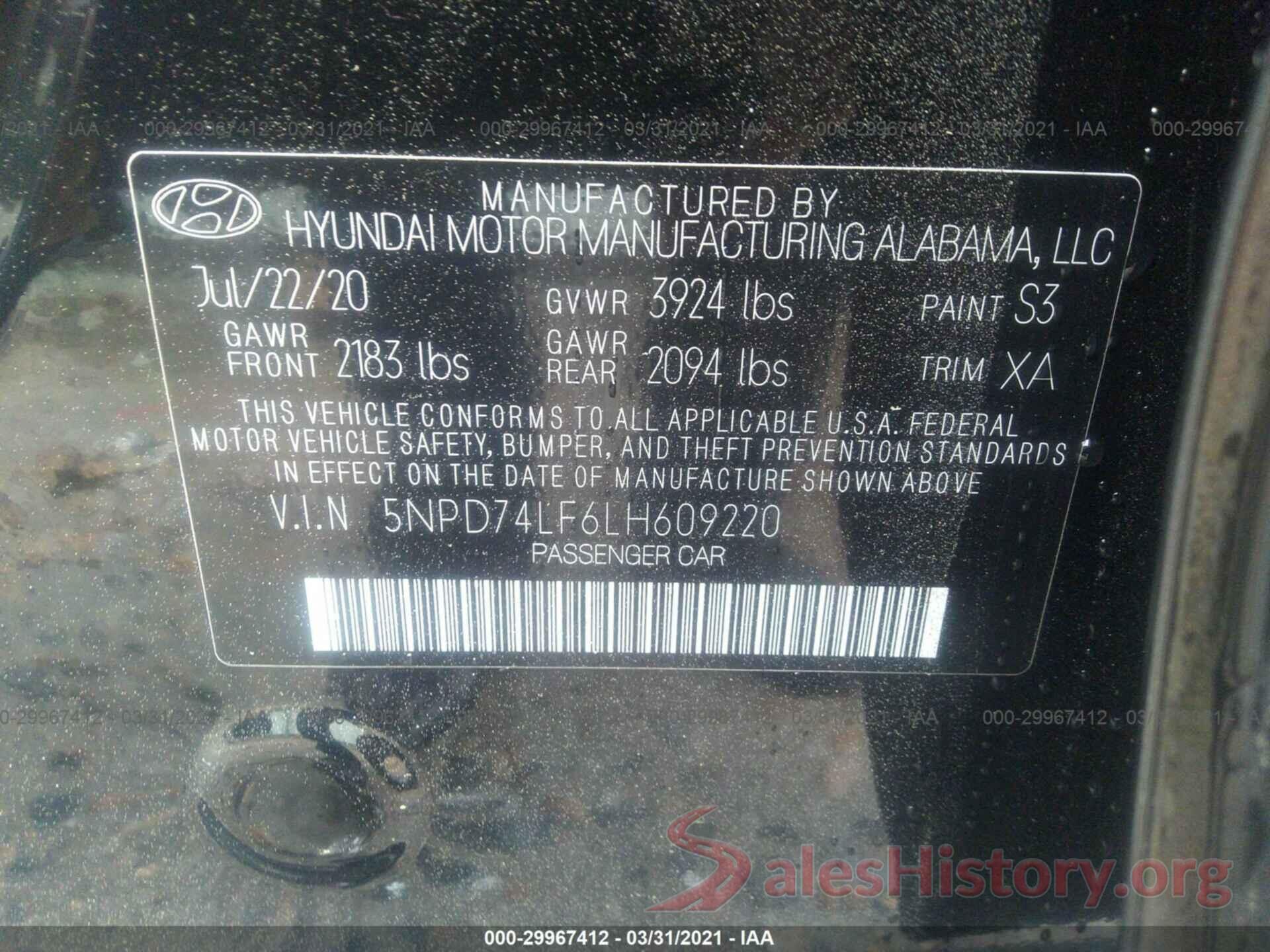 5NPD74LF6LH609220 2020 HYUNDAI ELANTRA