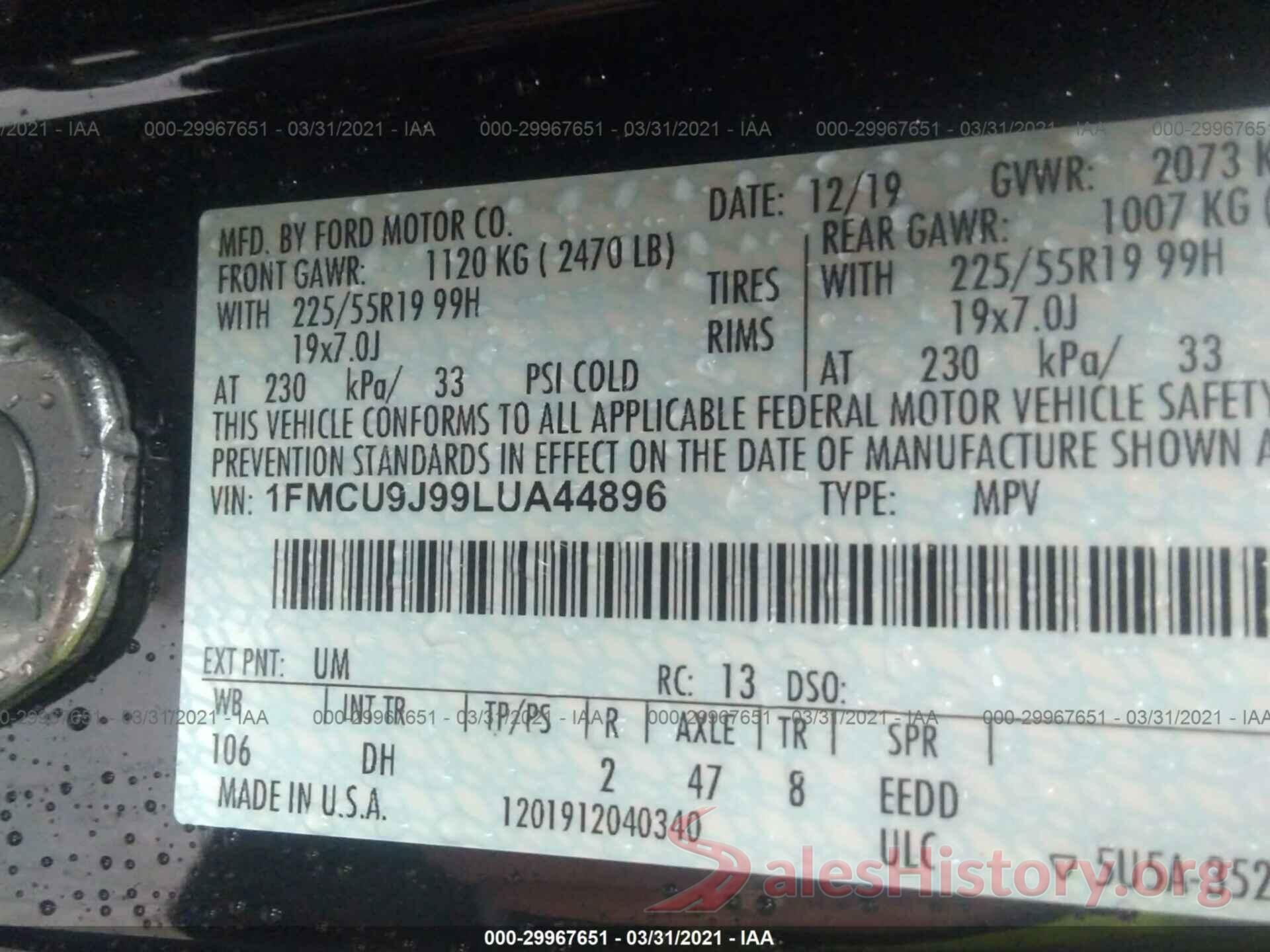 1FMCU9J99LUA44896 2020 FORD ESCAPE