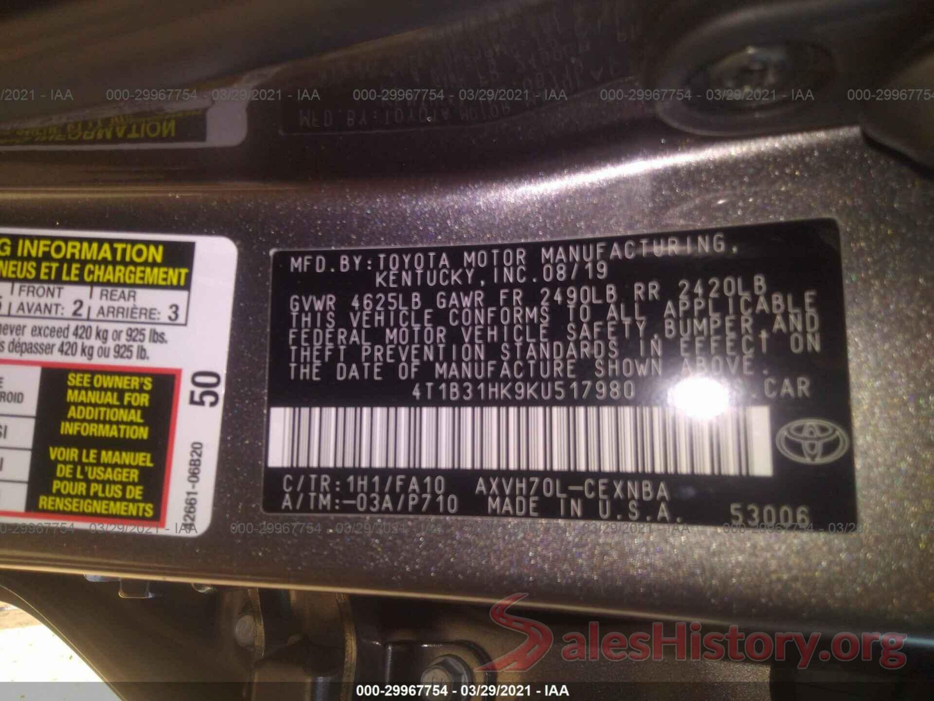 4T1B31HK9KU517980 2019 TOYOTA CAMRY